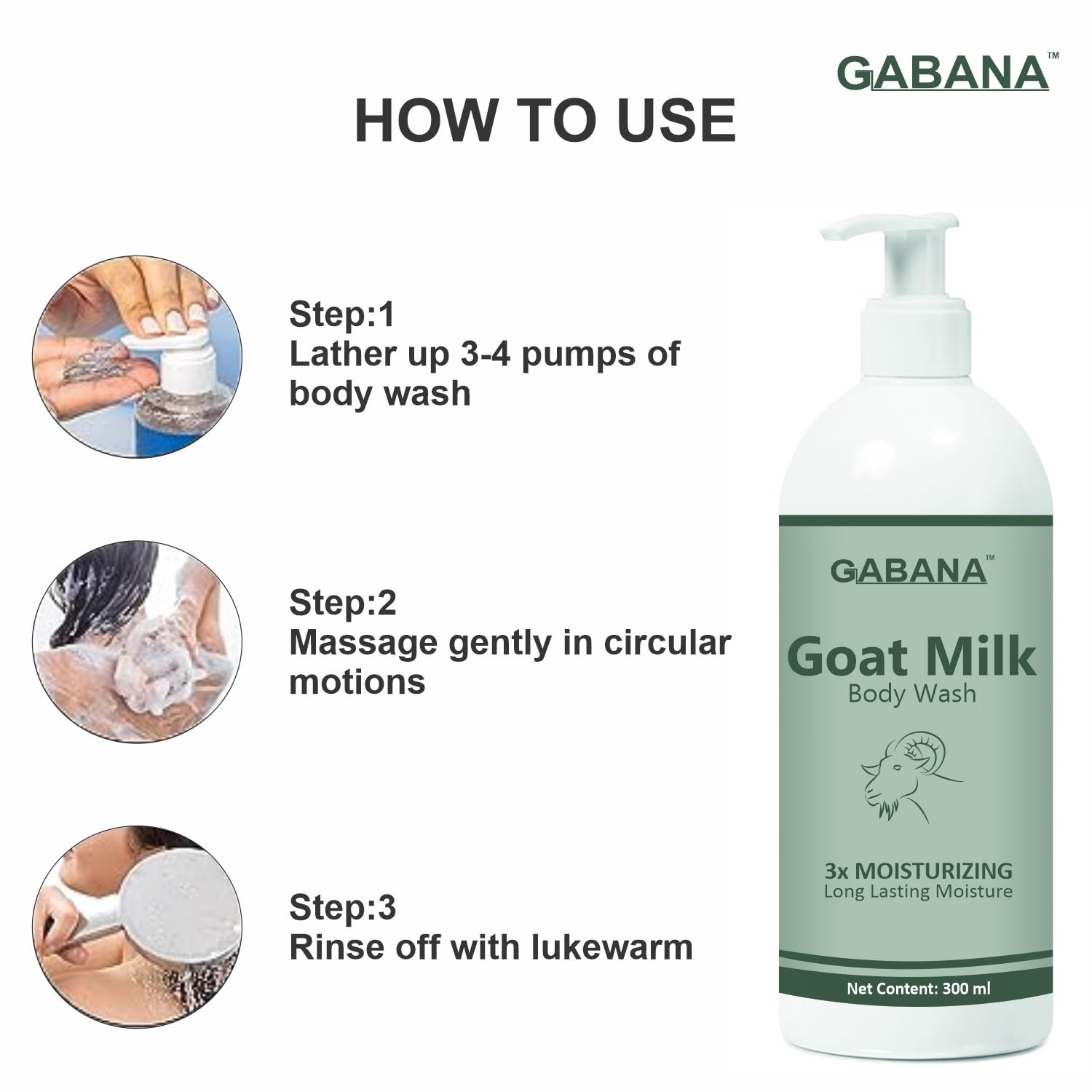 GABANA Goat Milk Body Wash for Dry Skin - Long Lasting Moisture & Skin Brightening (Pack of 2, 300ml) | Natural Body Cleanser for Sensitive Skin | Perfect for Daily Shower & Spa Relaxation at Home
