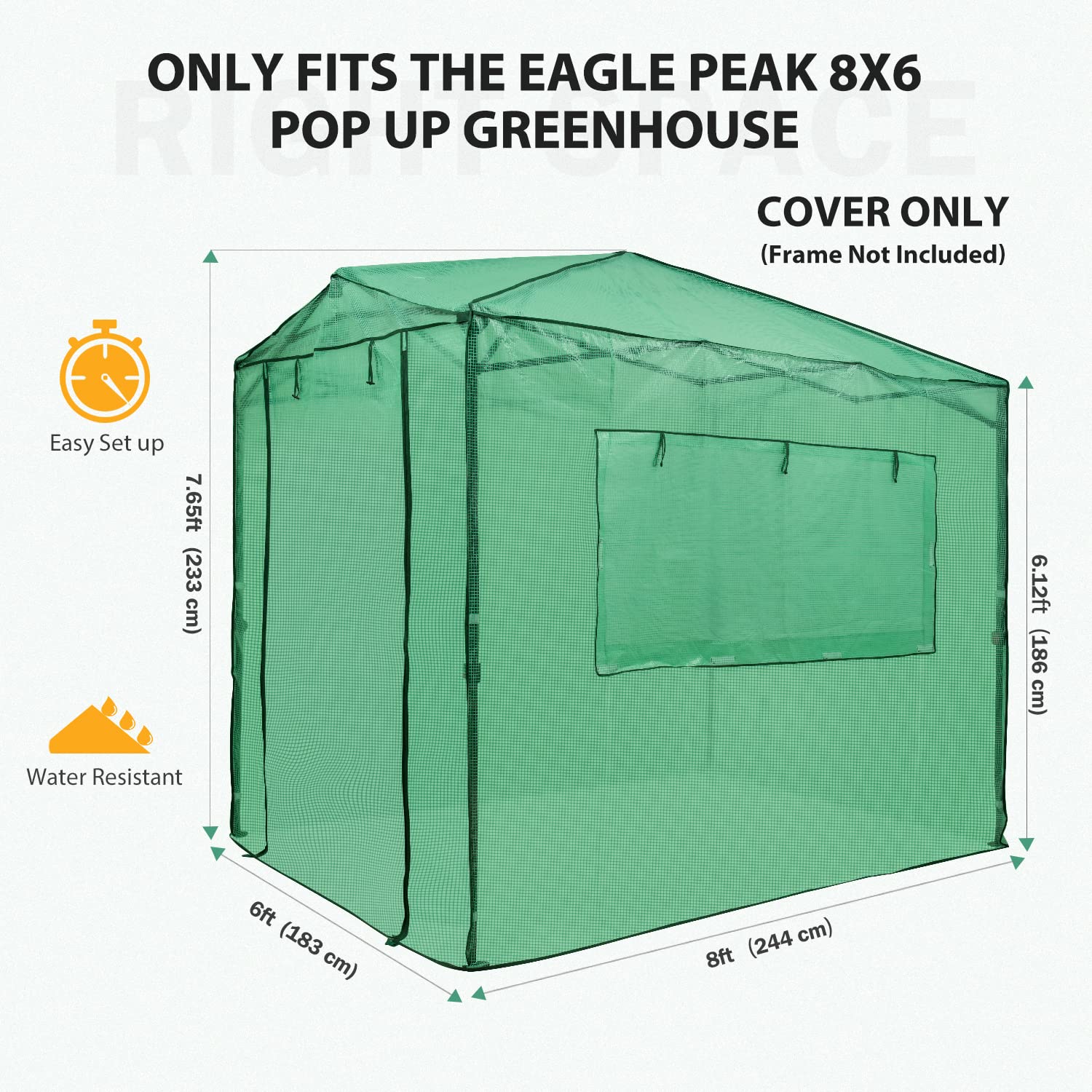 EAGLE PEAK 8x6 Portable Walk-in Pop up Greenhouse Replacement Cover - Front & Rear Roll-Up Zipper Doors with 2 Large Side Windows (Frame Not Included) - Green | Perfect for Gardening, Plant Protection & Outdoor Growing