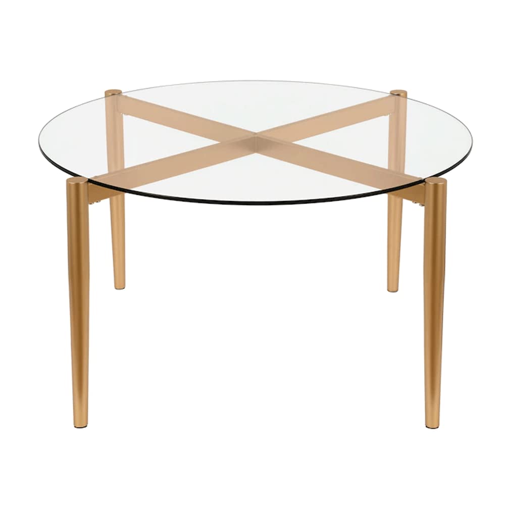 Modern Round Glass Coffee Table with Sturdy Metal Frame - Contemporary Cocktail & Accent Side Table for Living Room, Dining Room - Perfect for Coffee, Tea & Entertaining Guests - Brass Finish