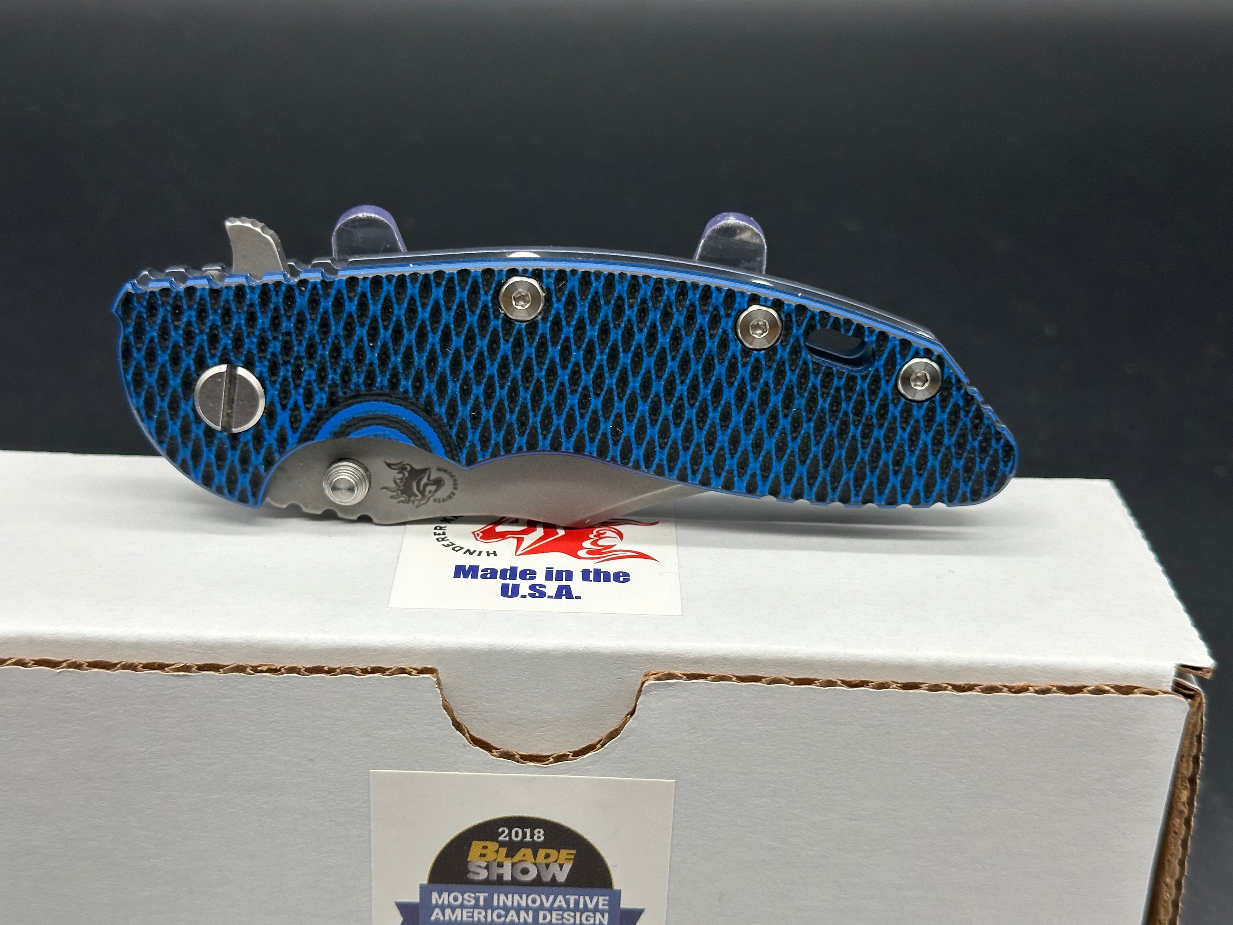 Hinder XM-18 Bowie Flipper Knife - Working Finish Battle Blue Titanium Blade - EDC, Outdoor Camping & Survival Gear