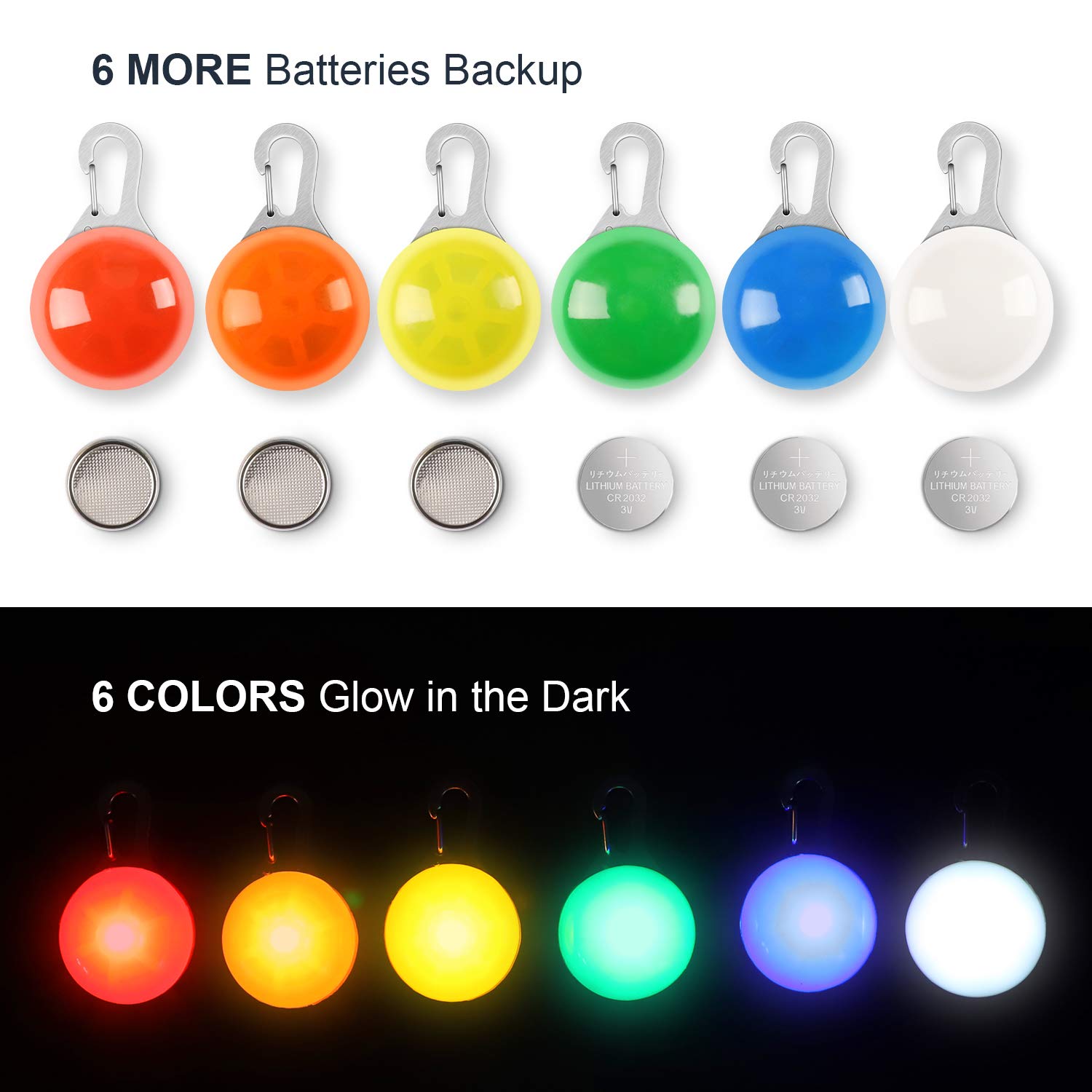 6 Pack LED Dog Collar Lights - Waterproof Clip-On Pet Safety Lights with 6 Extra Batteries | Nighttime Walking, Running & Outdoor Adventures for Dogs