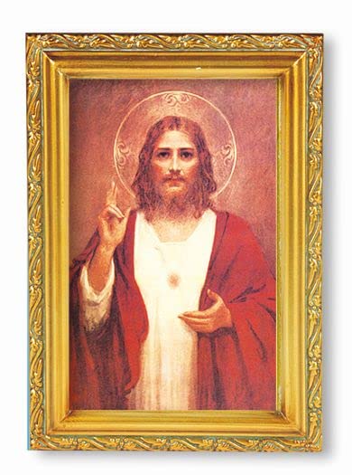 Antique Gold-Leaf Sacred Heart of Jesus Framed Wall Art - Small Religious Home Decor with Acanthus Leaf Design | Perfect for Church, Prayer Room & Catholic Gift