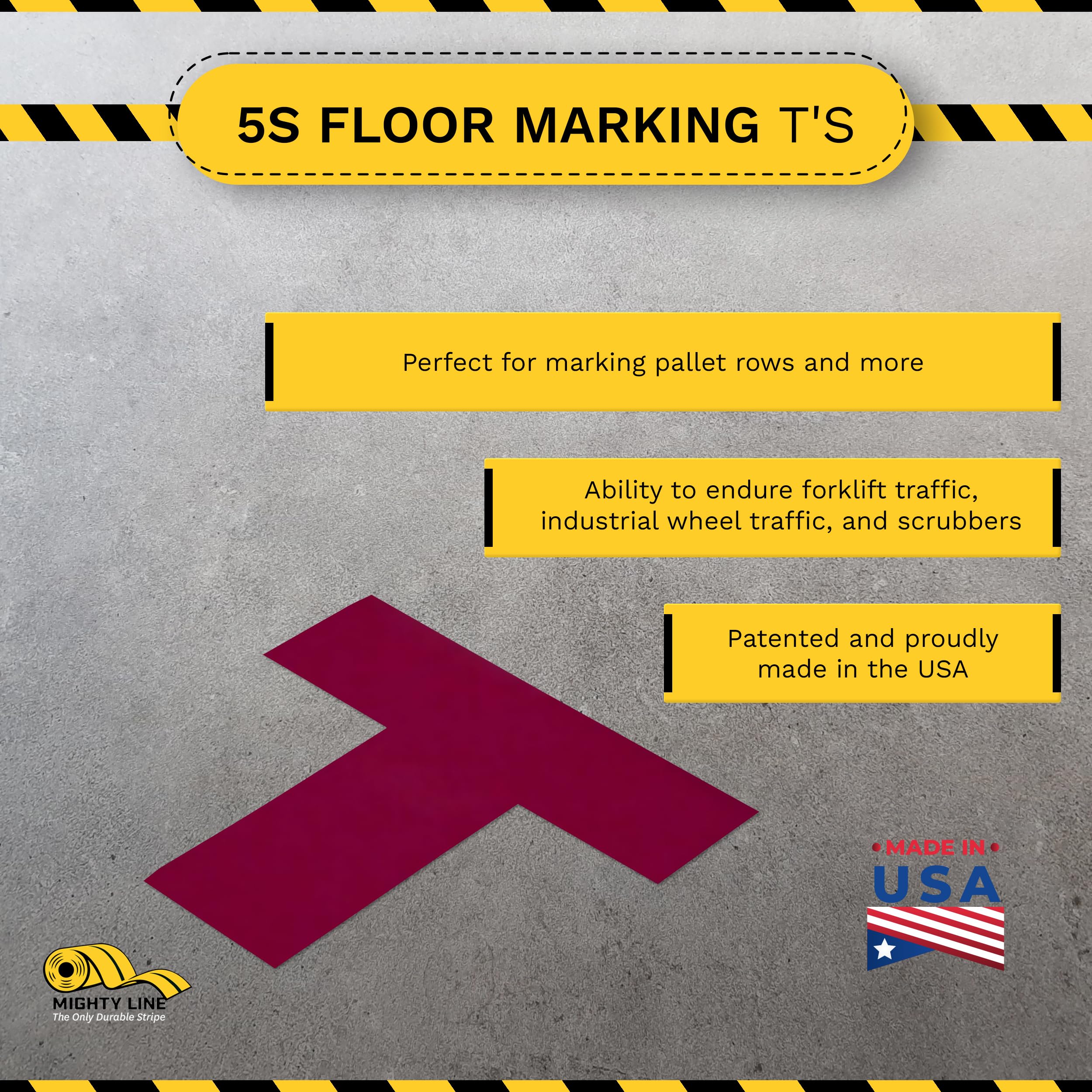 Mighty Line 2 Inch Wide T-Shaped Floor Marking Tape - Heavy Duty Safety & Warning Adhesive Strips for Industrial Use | Peel & Stick Non-Slip Purple Floor Tapes (100 Pack) - Perfect for Warehouse Aisles, Factory Floors & Hazard Zone Markings