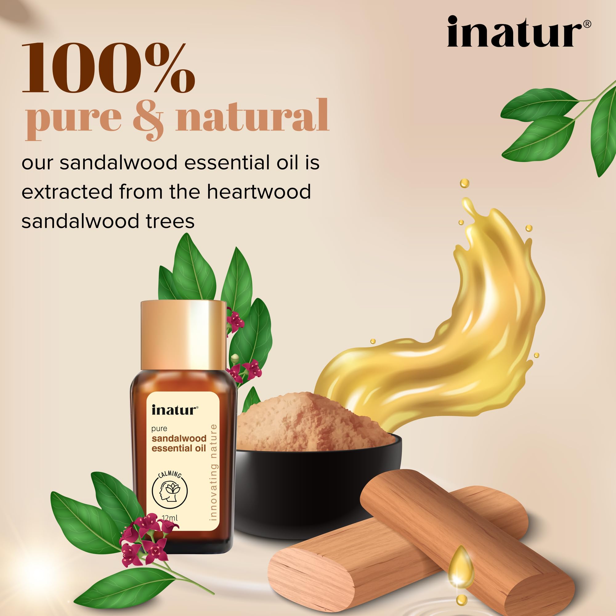 Pure & Natural inatur Sandalwood Essential Oil 12ml - Hydrating Face & Skin Care, Aromatherapy Oil for Relaxation & Stress Relief - Perfect for Diffusers, Massage, DIY Beauty Products & Spa Treatments