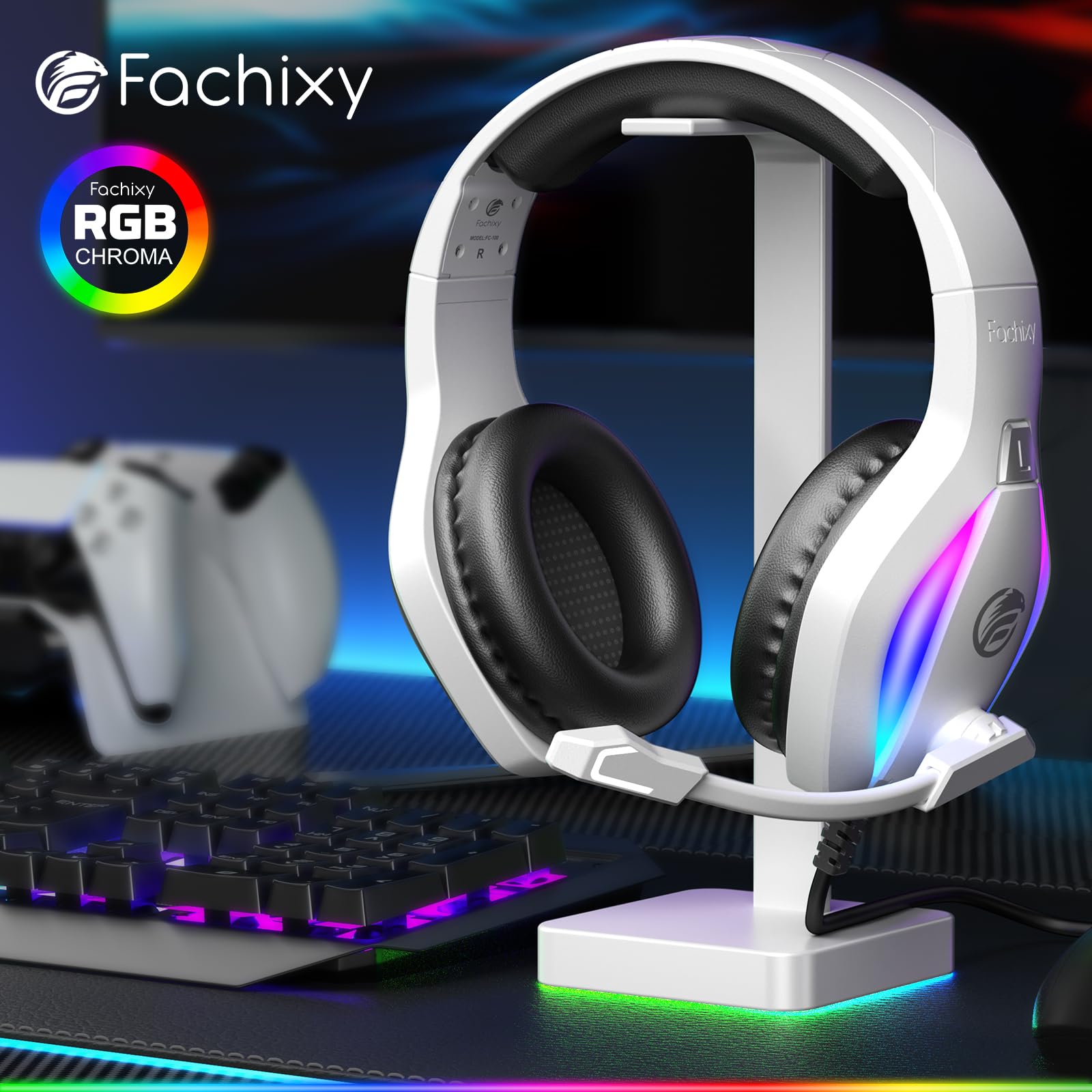 Fachixy FC100 Wired Gaming Headset with Microphone - RGB Lighting, Stereo Surround Sound, Noise Cancelling for PS4, PS5, PC, Xbox, Nintendo Switch - Perfect for Competitive Gaming & Online Chat (White)