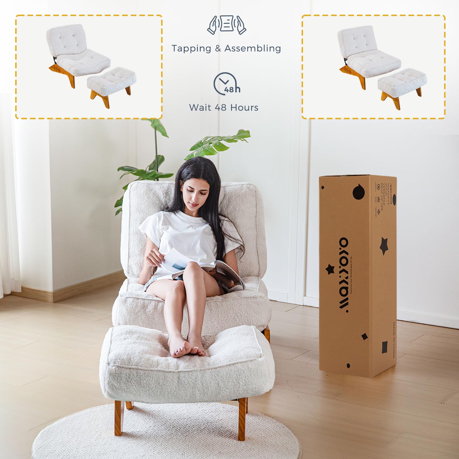 MAXYOYO Adjustable Accent Chair with Ottoman Set - Modern Boucle Tufted Lounge Chair in Beige for Living Room, Bedroom & Office Comfort
