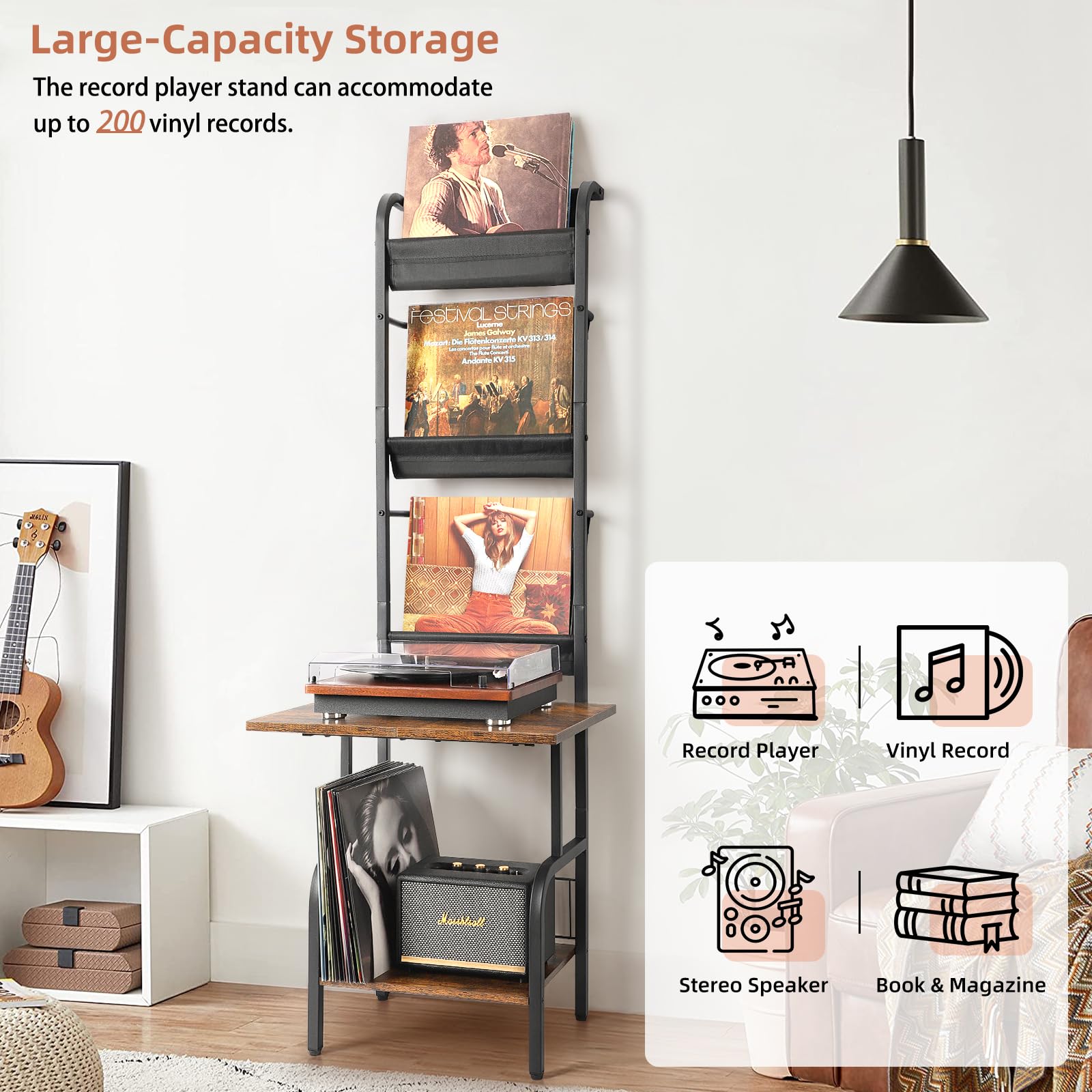 Bikoney Vinyl Record Storage Stand - Holds Up to 200 Albums | Turntable Cabinet & Wall Mount for Vinyl Records | Perfect for Living Room, Home Theater & Music Studio Organization