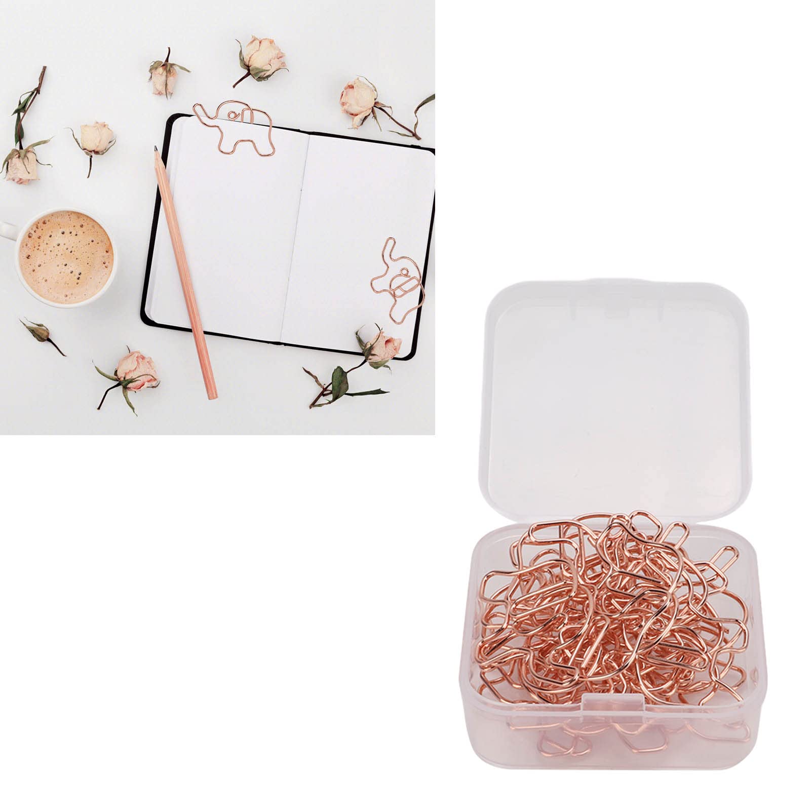 40 Pcs Elephant Shaped Paper Clips - Cute Rose Gold Animal Paperclips for Office, School, Organizing Documents | Bulk Metal Bookmarks with Clear Storage Box - Perfect for Gifts, Scrapbooking & Planner Accessories