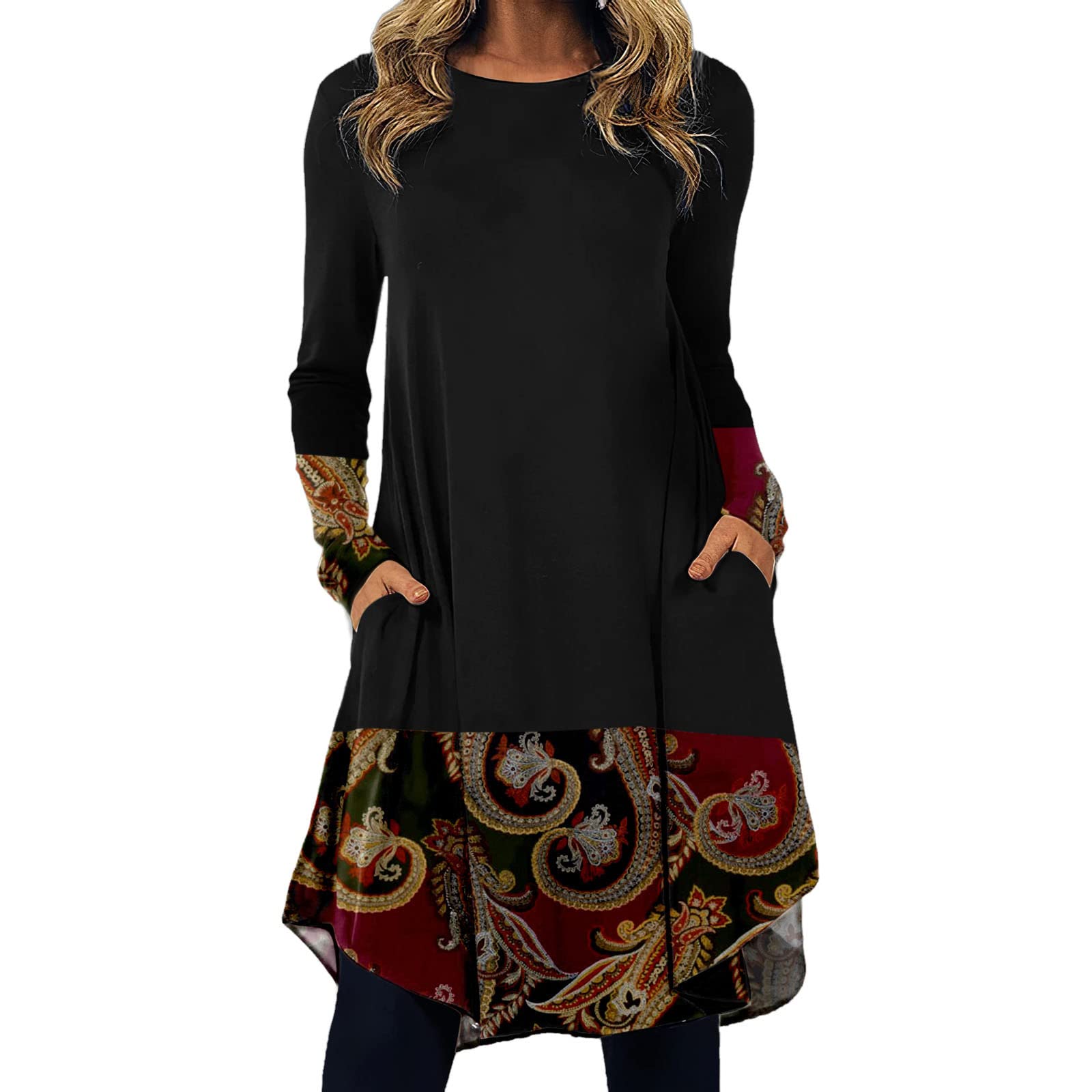 Twoker Women's Western Ethnic Boho Basic Dress - Irregular Casual Midi Long Sleeve Summer Dress for Women | Perfect for Festivals, Vacations & Boho-Chic Outfits