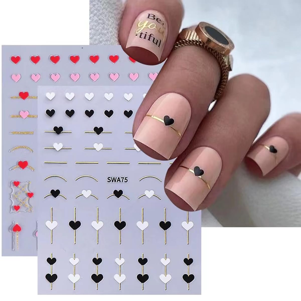 Valentine's Day Heart Nail Art Stickers - 6PCS Black White Red Heart French Tip Stripes Nail Decals for Women | Perfect for Valentine's Nail Designs, DIY Nail Art Decorations & Special Occasions