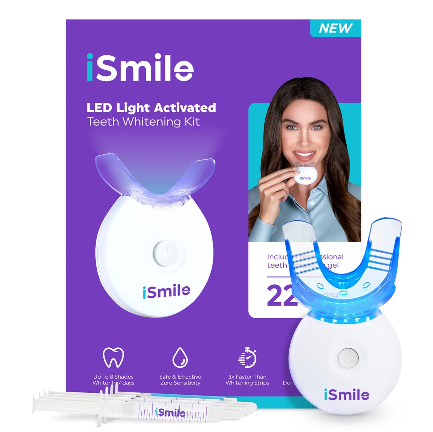 iSmile Teeth Whitening Kit with LED Light - 35% Carbamide Peroxide, 3x3ml Whitening Gel Syringes, Remineralization Gel & Tray for Brighter Smile - Perfect for Home Use, Travel & Special Occasions