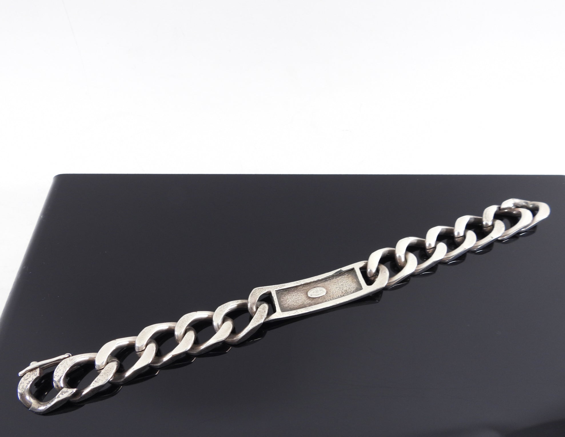 Vintage Chanel 96P Antiqued Silver Logo ID Bracelet - Authentic Luxury Jewelry for Women | Perfect for Parties, Weddings & Everyday Elegance