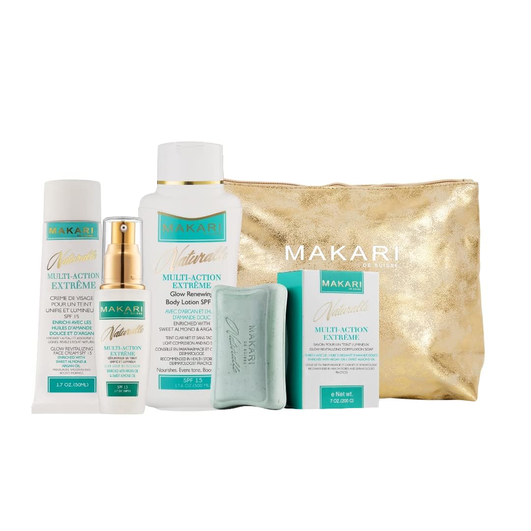 MAKARI Naturalle Multi-Action Extreme Botanical Facial Kit - Moisturizing Skin Care Set for Sensitive & Dry Skin | 4-Piece Gift Set with SPF15 & Free Makeup Bag | Daily Hydration & Anti-Aging for Women
