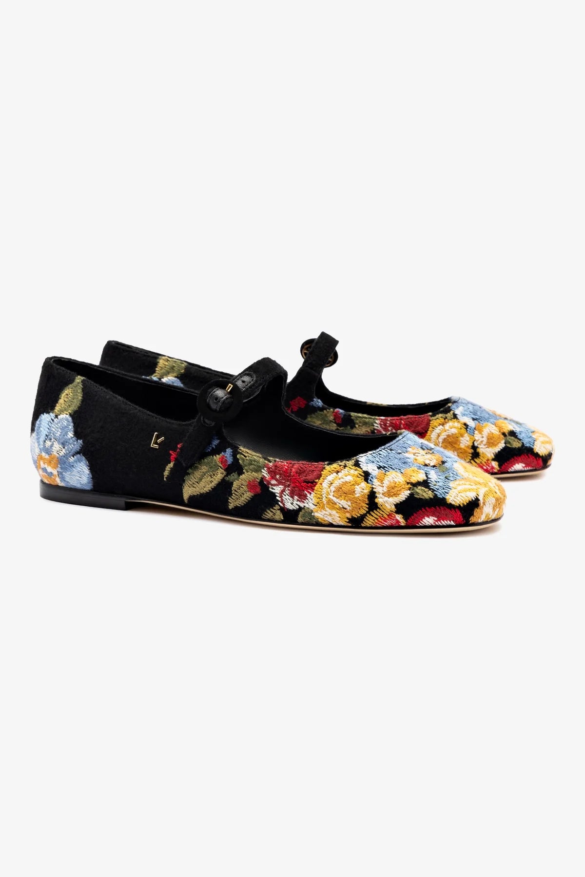 Larroudé x Markarian Black Wool Flat Shoes with Floral Embroidery - Elegant Women's Loafers for Work, Office & Casual Outfits