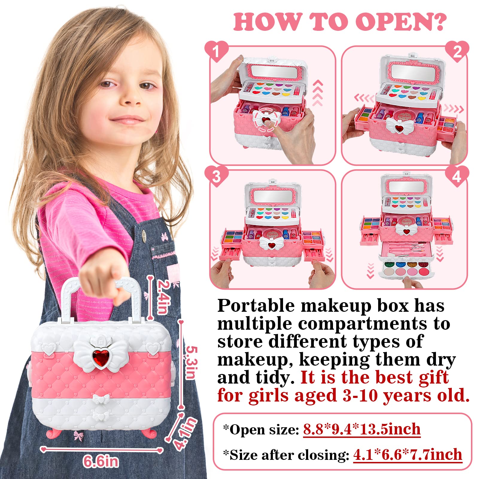 55 Pcs Washable Makeup Toy Set for Girls - Princess Pretend Play Cosmetics Kit, Safe & Non-Toxic Kids Makeup Gift for Birthday & Dress-Up Party