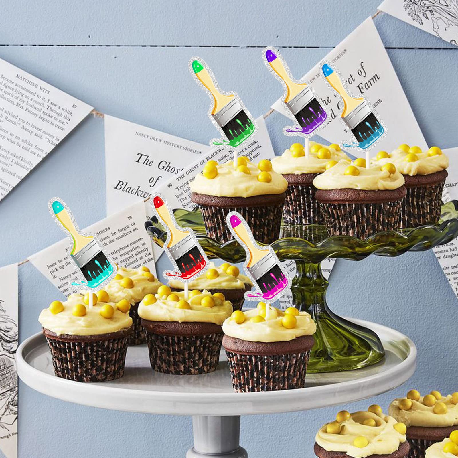 18Pcs Glitter Paint Brush Cupcake Toppers - Graffiti Art Theme Baking Decorations for Birthday Parties, Weddings & Baby Showers - Perfect for Artist-Themed Events, DIY Cupcake Decorating & Creative Dessert Displays