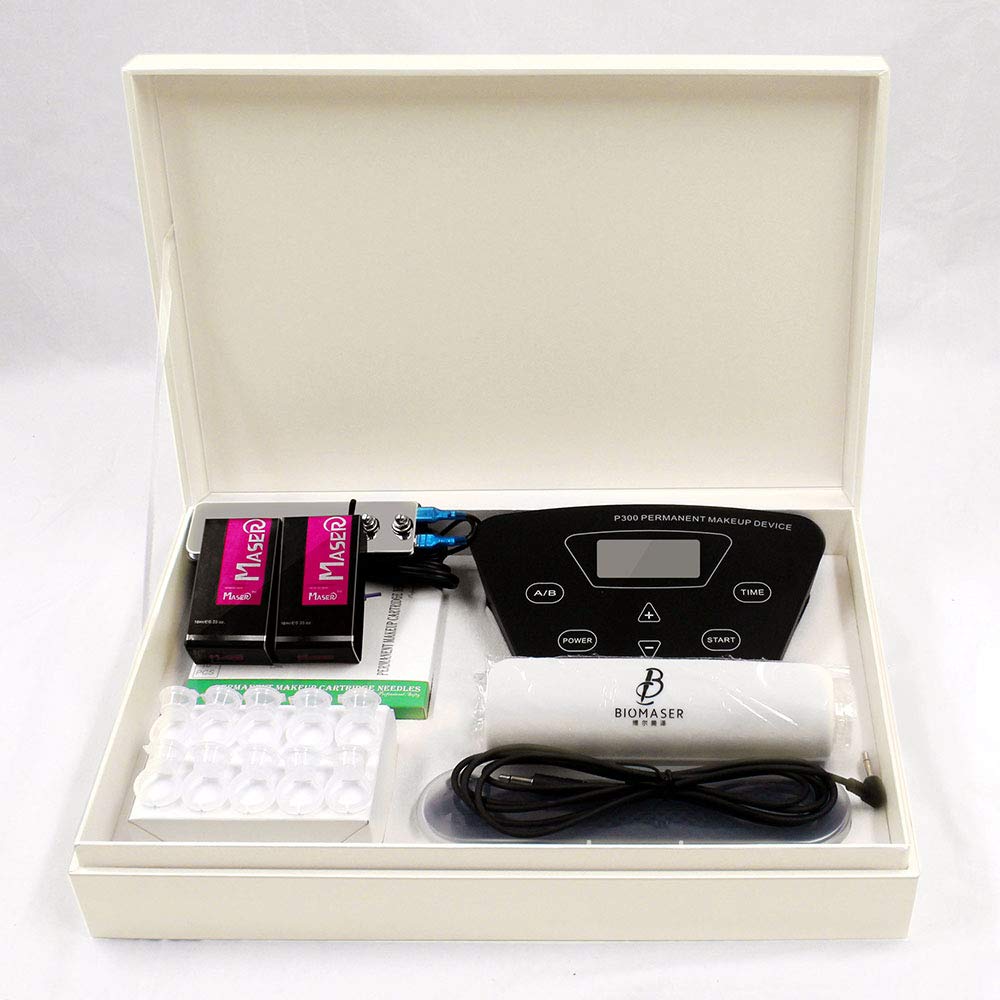 BIOAMSER P300 Permanent Makeup Tattoo Machine Kit with Foot Pedal, Rotary Pen, Practice Skin, 2 Microblading Inks & 10 Cartridge Needles - Professional Tattoo Equipment for Eyebrows, Lips & Beauty Salon Use