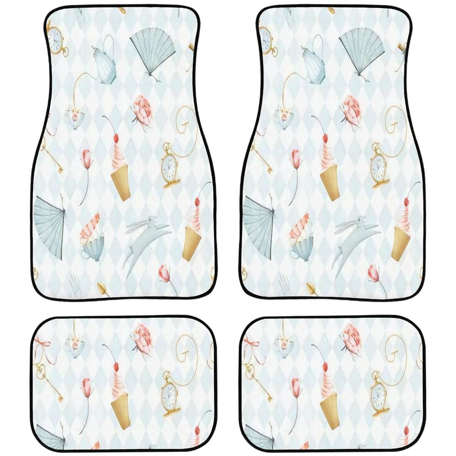 Alice in Wonderland Themed Car Floor Mats - Blue Rhombus Rabbit Teapot Design, Non-Slip Auto Interior Accessory Set for Women (Perfect Gift for Fans & Car Decor Enthusiasts) | Great for Daily Commute, Road Trips & Themed Car Decor