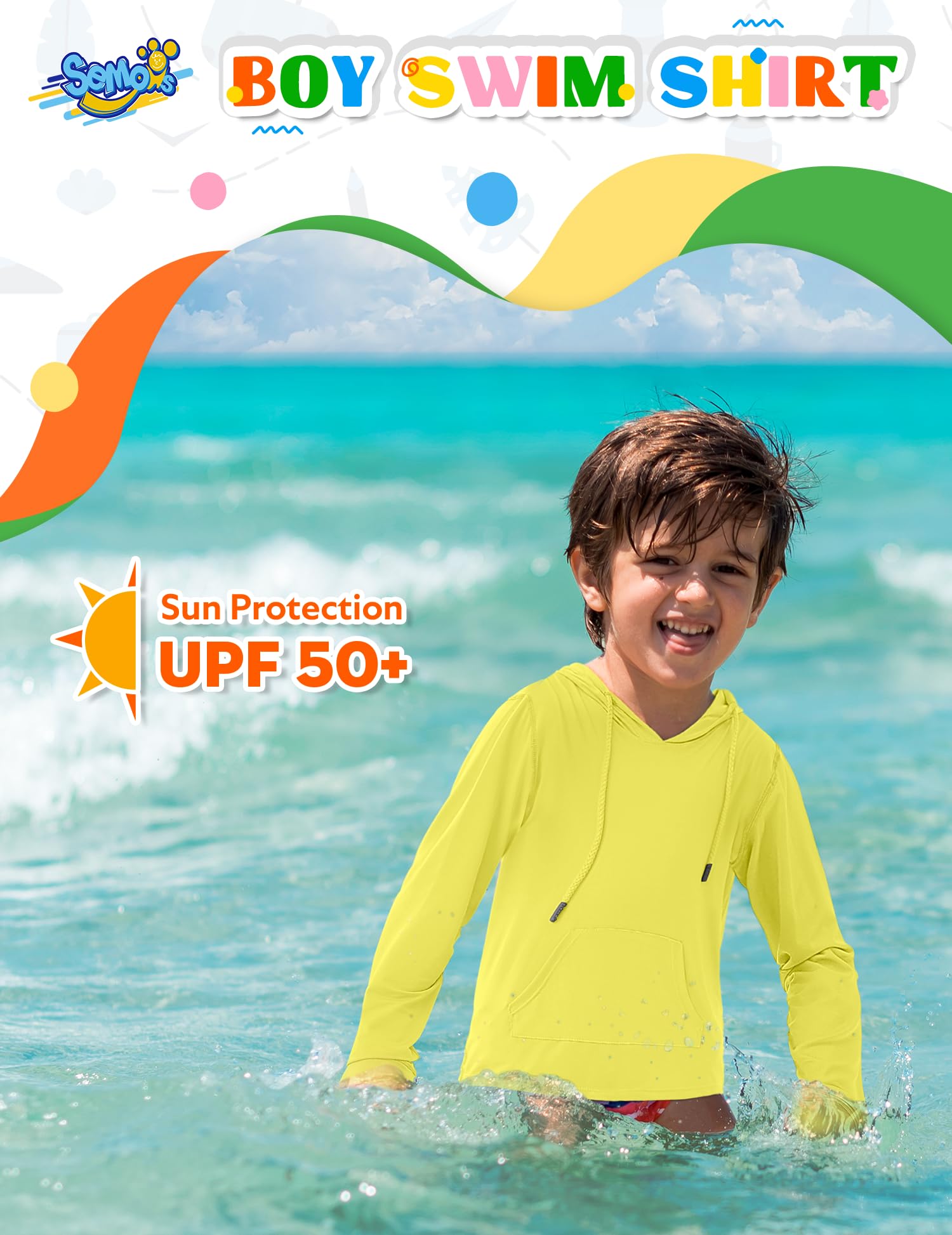 UPF 50+ Boys Rash Guard Swim Shirt - Sun Protection Long Sleeve Hoodie for Kids Fishing, Beach & Watersports with Pocket - Perfect for Swimming, Surfing and Outdoor Summer Activities