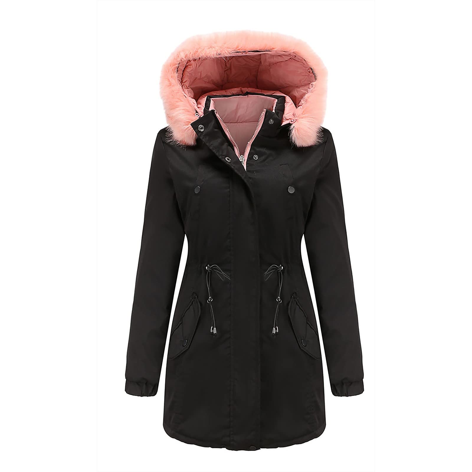 Women's Mid-Length Hooded Winter Coat - Fleece Lined, Cotton Padded with Faux Fur Collar | Warm Plus Size Outerwear for Cold Weather | Perfect for Snow Days, Commuting & Winter Travel