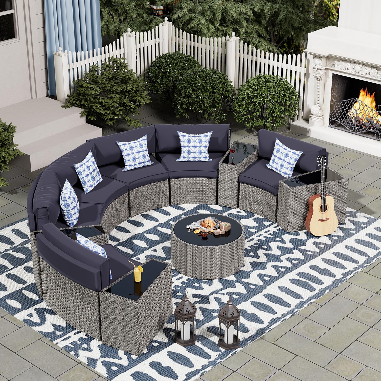 UDPATIO 11-Piece Fully Assembled Outdoor Sectional Sofa Set - Half-Moon Curved Modular Wicker Furniture with Round Coffee Table & Waterproof Cover - Heavy Duty Patio Furniture for Porch, Backyard, Garden - Blue | Perfect for Outdoor Entertaining & Relaxation