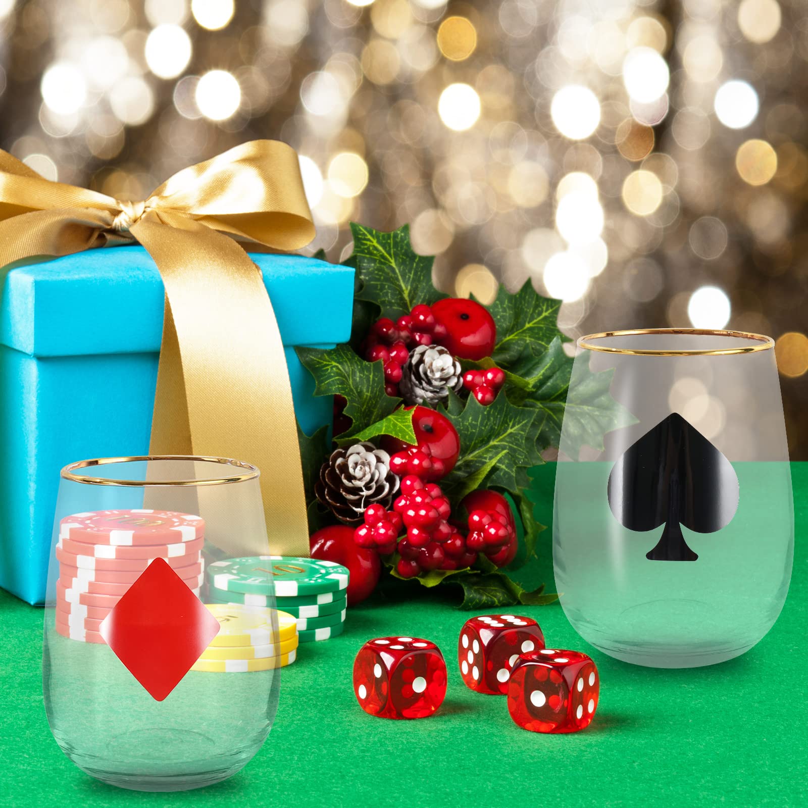 Whaline 17oz Casino Party Stemless Wine Glasses - 4Pcs Gold Rimmed Clear Poker Tumbler Cups for Casino Night, Poker Games, Themed Weddings & Home Decor - Perfect for Casino Themed Events, Bachelor Parties & Game Night Entertaining