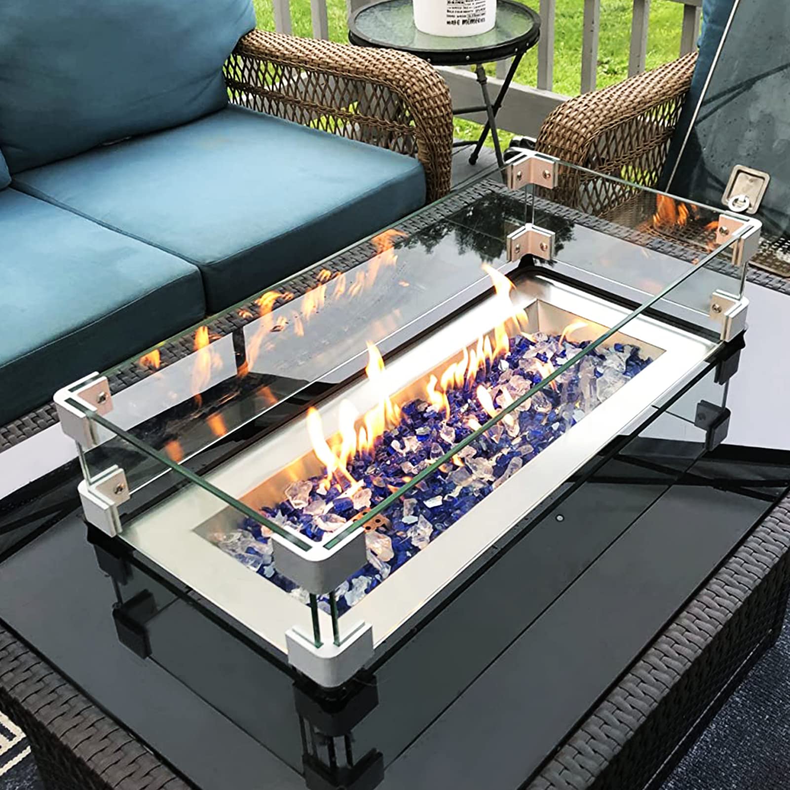 GASPRO 35.5 x 15.5 Inch Tempered Glass Wind Guard for Rectangular Fire Pit Table - Heavy Duty Aluminum Corner Bracket & Non-Slip Rubber Feet - Easy Assembly for Outdoor Patio, Backyard, and Camping Use