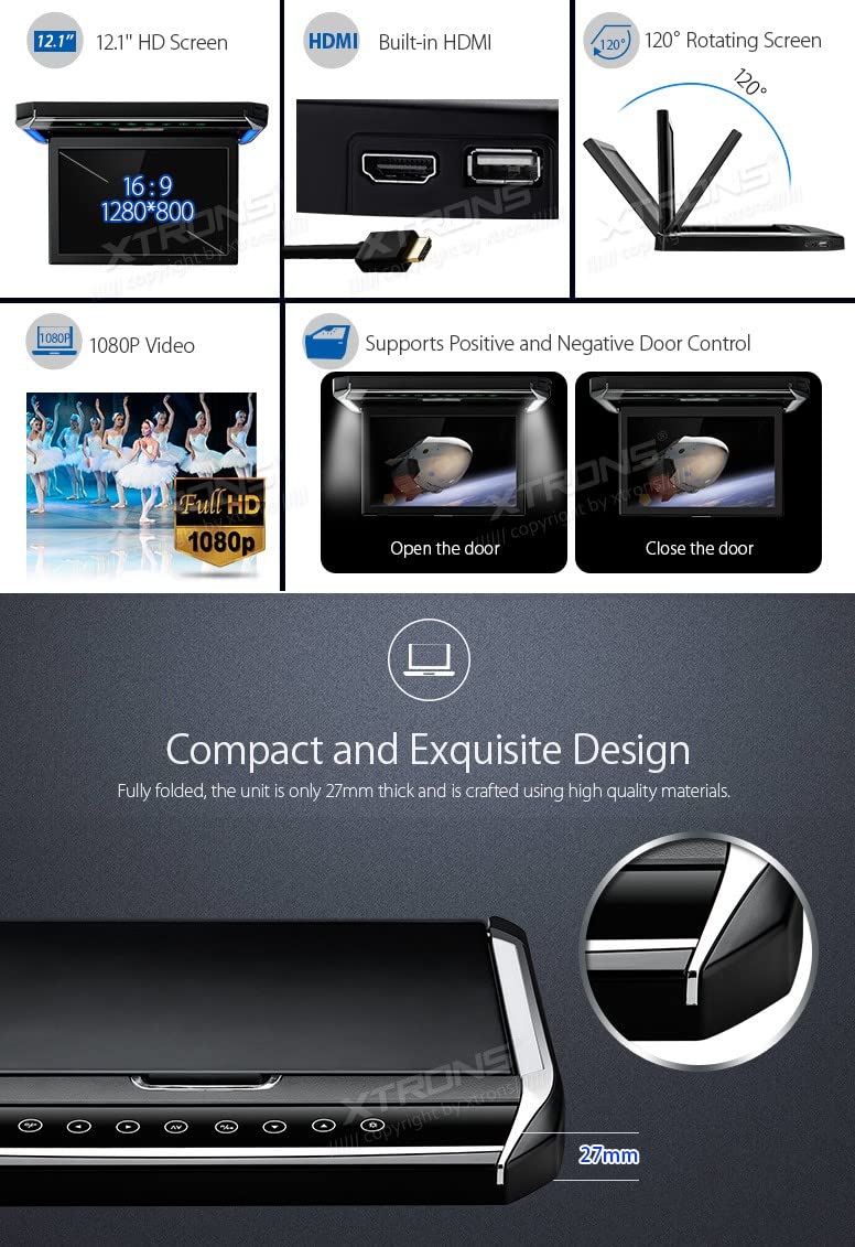 XTRONS® 12.1 Inch 1080P HD Roof Mounted Car Overhead Monitor with HDMI Port & IR Headphones - Black New Version (No DVD) for Rear Seat Entertainment in SUVs, Minivans, and Family Vehicles
