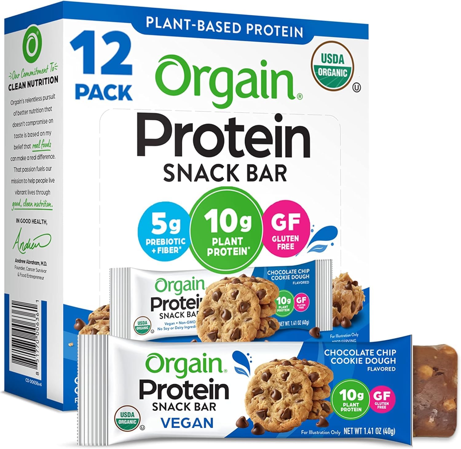 Orgain Organic Vegan Protein Bars, Chocolate Chip Cookie Dough - 10g Plant-Based Protein, Low Calorie Healthy Snacks, Gluten Free, Non-GMO, No Lactose or Soy (Pack of 12) - Perfect for Post-Workout Recovery, On-the-Go Energy & Keto Diet Snacking