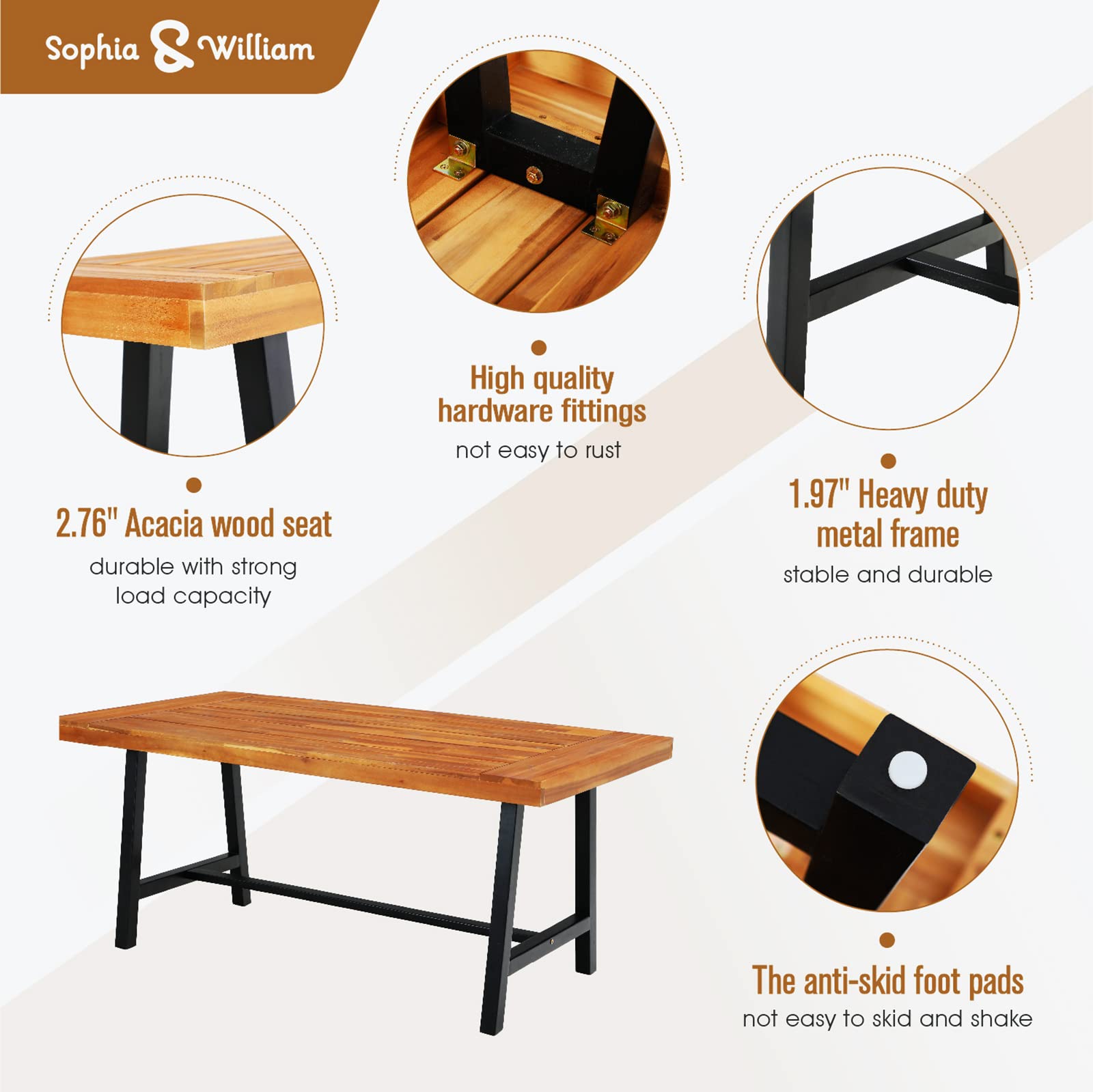 Sophia & William 6-Person Acacia Wood Outdoor Dining Table - Rectangular Patio Table with Oil Finish for Porch, Backyard, Deck, Garden & Lawn - Perfect for Outdoor Entertaining & Family Gatherings