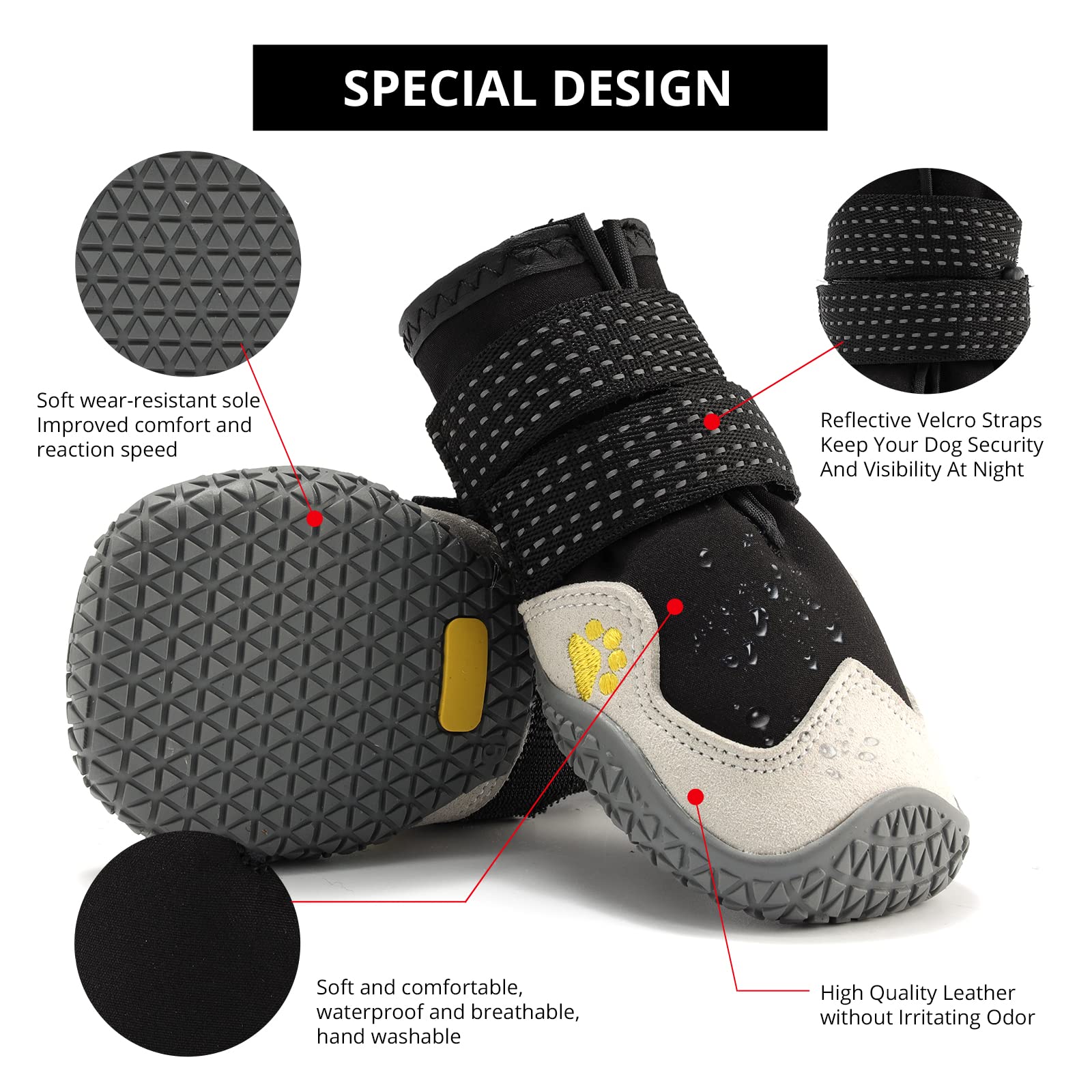 **Anti-Slip Waterproof Dog Boots for Small to Large Dogs - Reflective & Breathable Paw Protectors for Snow, Hot Pavement & Outdoor Adventures (4Pcs)**    *(Use Cases: Perfect for winter snow, summer hot pavement, hiking, and daily walks to protect your dog's paws!)*