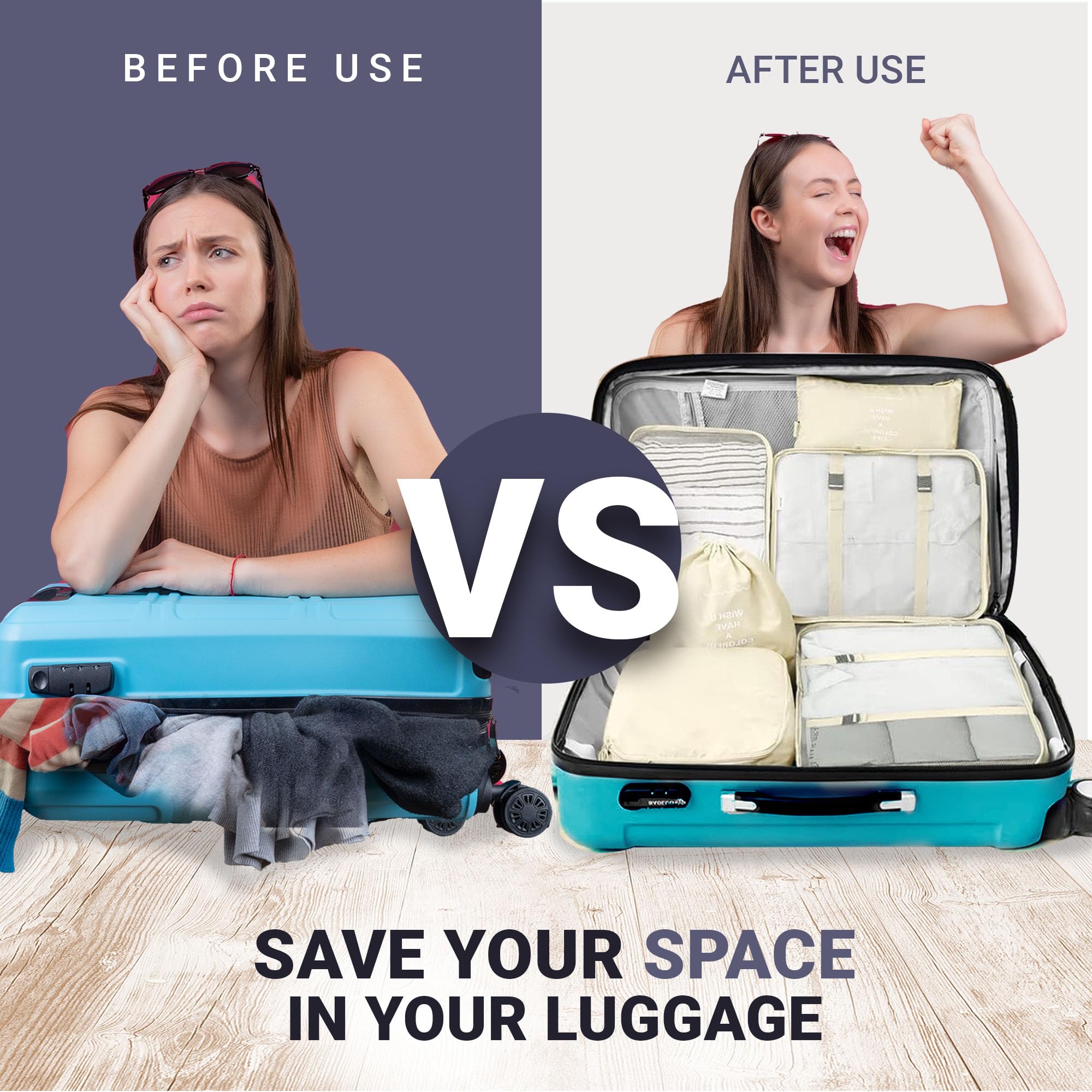 RORMI 7-Piece Packing Cubes Set with Zipper - Travel Luggage Organizer for Clothes, Shoes & Laundry Bags (Beige) | Perfect for Business Trips, Vacations & Weekend Getaways