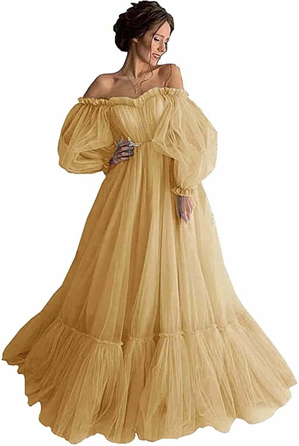 Elegant Off-Shoulder Long Ruffle Sweetheart Tulle Ball Gown with Puffy Sleeves - Women's Prom Dress for Evening Parties, Weddings & Special Occasions