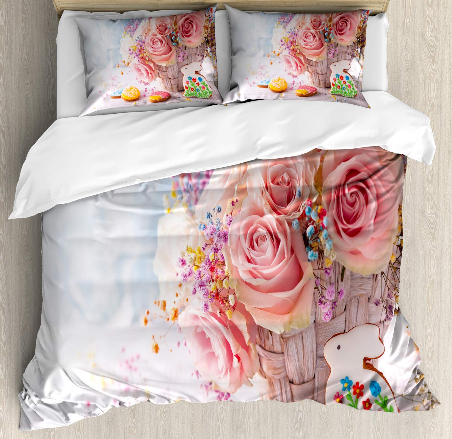 Ambesonne Easter Bunny Duvet Cover Set - King Size 3-Piece Floral Rabbit Design with Roses & Easter Cookies - Spring Holiday Bedding for Home Decor | Perfect for Easter Celebrations, Guest Rooms & Seasonal Bedroom Makeovers