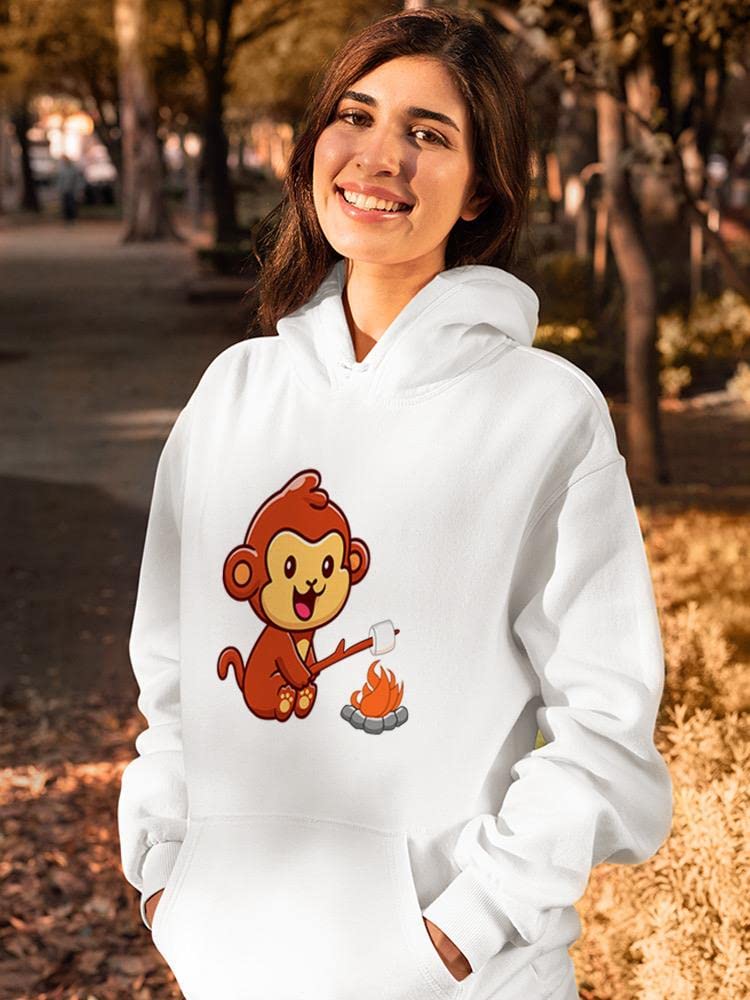 Smartprints Monkey Roasting Marshmallows Women's Hoodie - Cute & Cozy Pullover Sweatshirt for Casual Wear, Lounge & Outdoor Camping