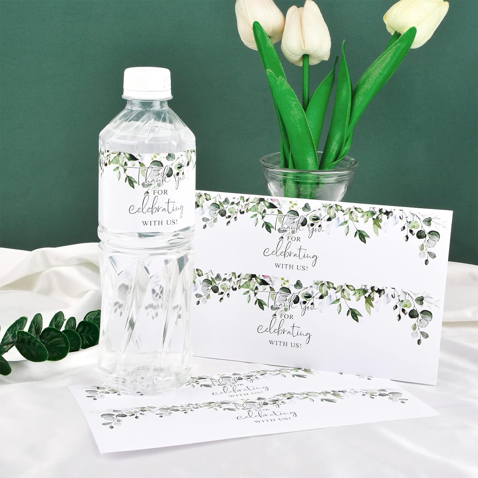 URROMA 50-Pack Greenery Plant Water Bottle Labels - Waterproof Wedding, Birthday & Baby Shower Thank You Stickers - Perfect for Party Favors, Bridal Showers & Special Events