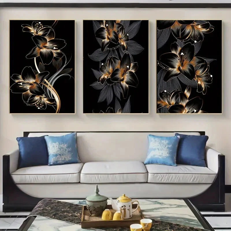 3-Piece Black and Gold Classic Metal Wall Art Prints - Ready to Hang Home Decor for Living Room, Bedroom & Office
