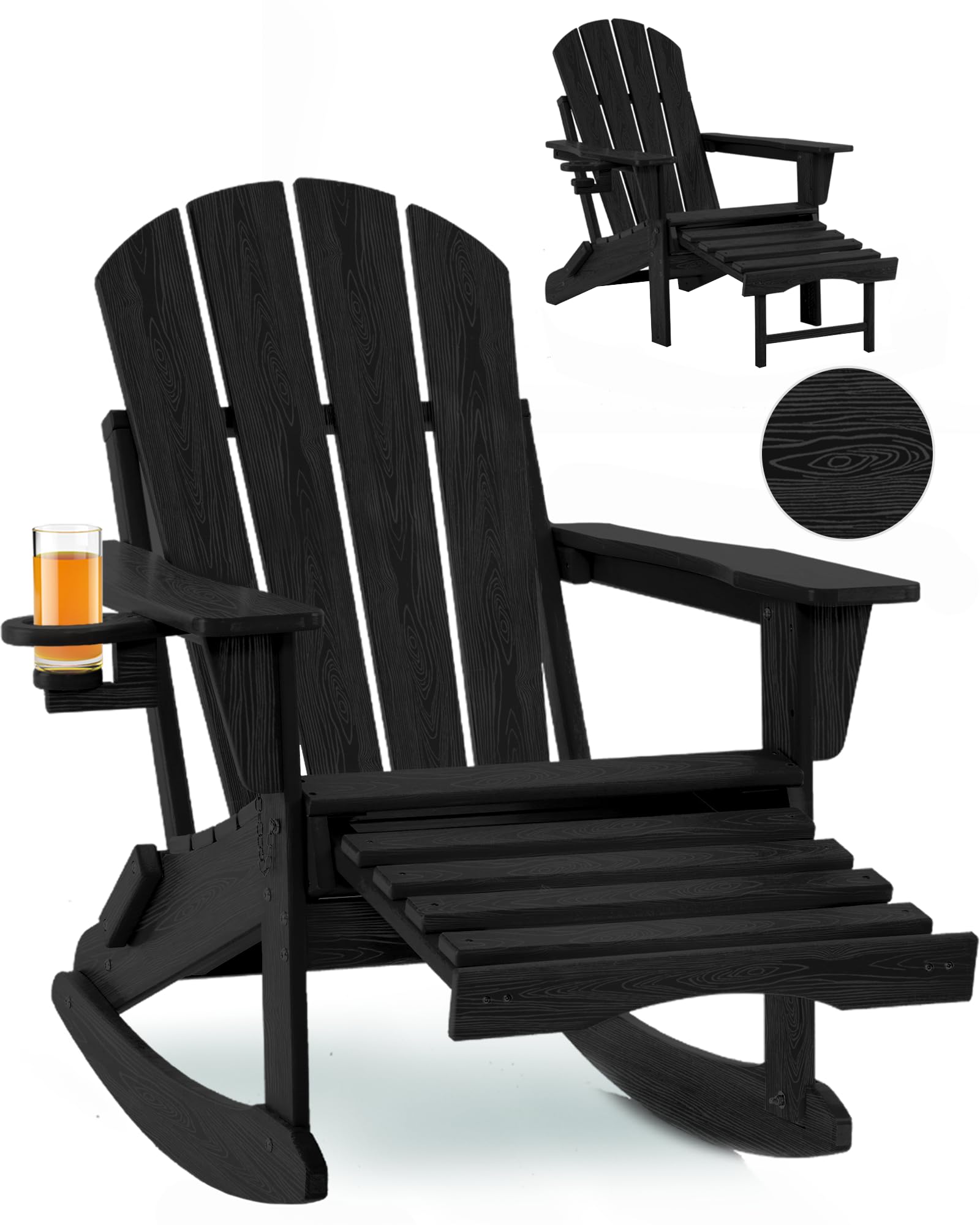4-in-1 Folding Adirondack Rocking Chair with Ottoman - Patio, Lawn & Outdoor Chair in Wood Texture - Perfect for Porch, Backyard, Poolside & Garden Relaxation (Black)