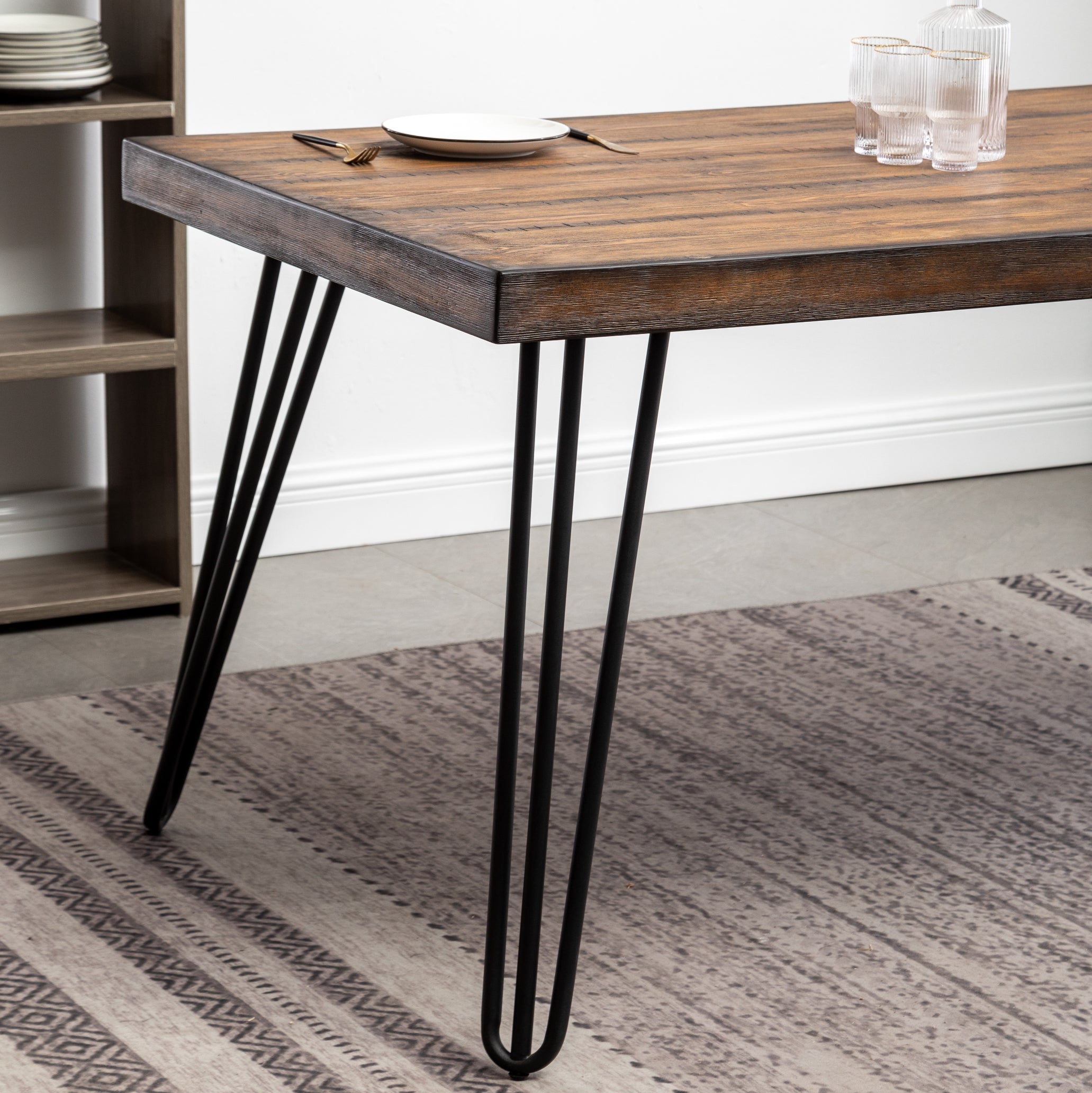 Roundhill Furniture Aryven Industrial Metal Hairpin Leg Dining Table - Rustic Dark Pine Wood - Perfect for Farmhouse, Modern & Vintage Dining Rooms