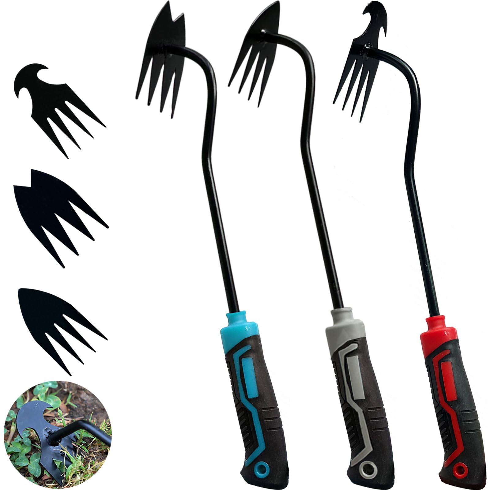 3pc Garden Weed Puller Tool with Rubber Handle - Manual Weeder for Lawns & Gardens