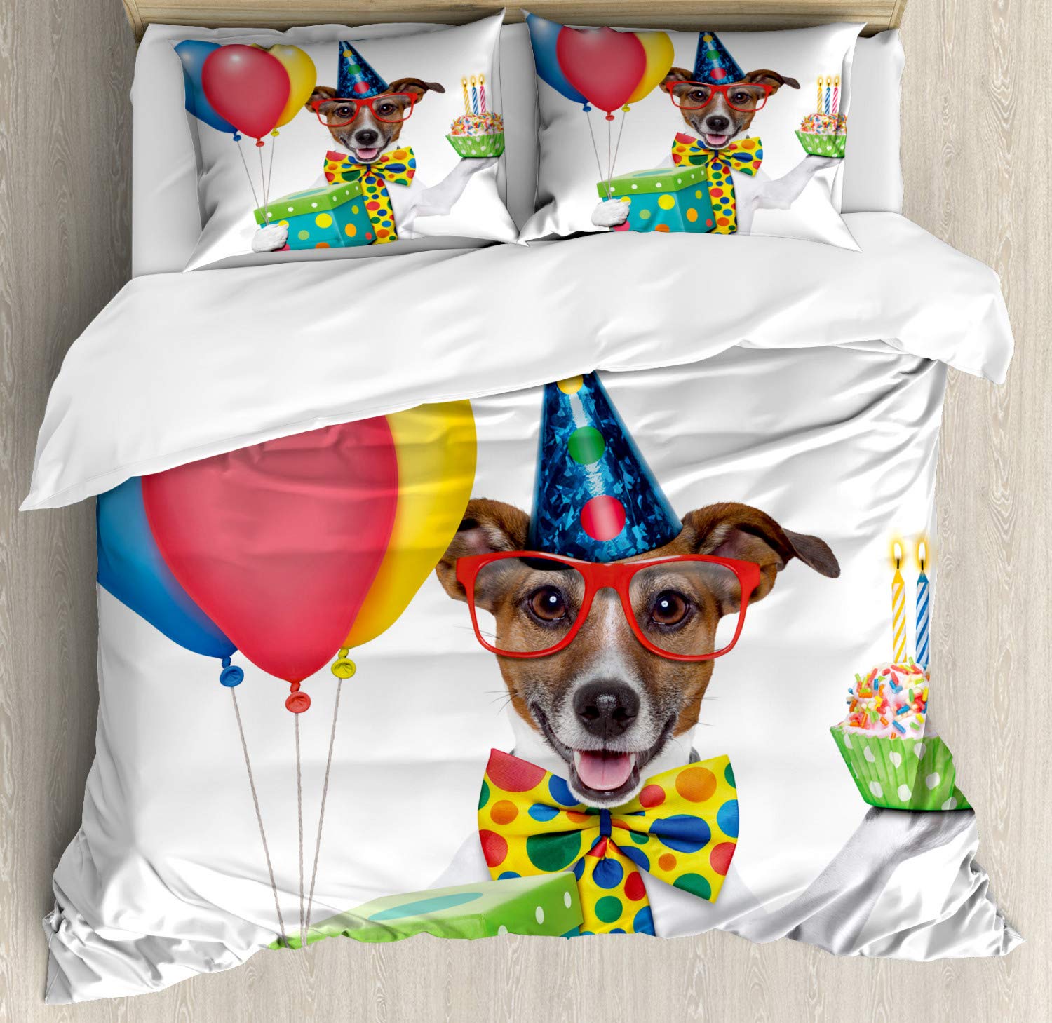 Ambesonne French Bulldog Birthday Party Duvet Cover Set - 3 Piece California King Bedding with 2 Pillow Shams, Colorful Animal Cake & Celebration Theme - Perfect for Kids' Rooms, Birthday Decorations & Fun Bedroom Makeovers