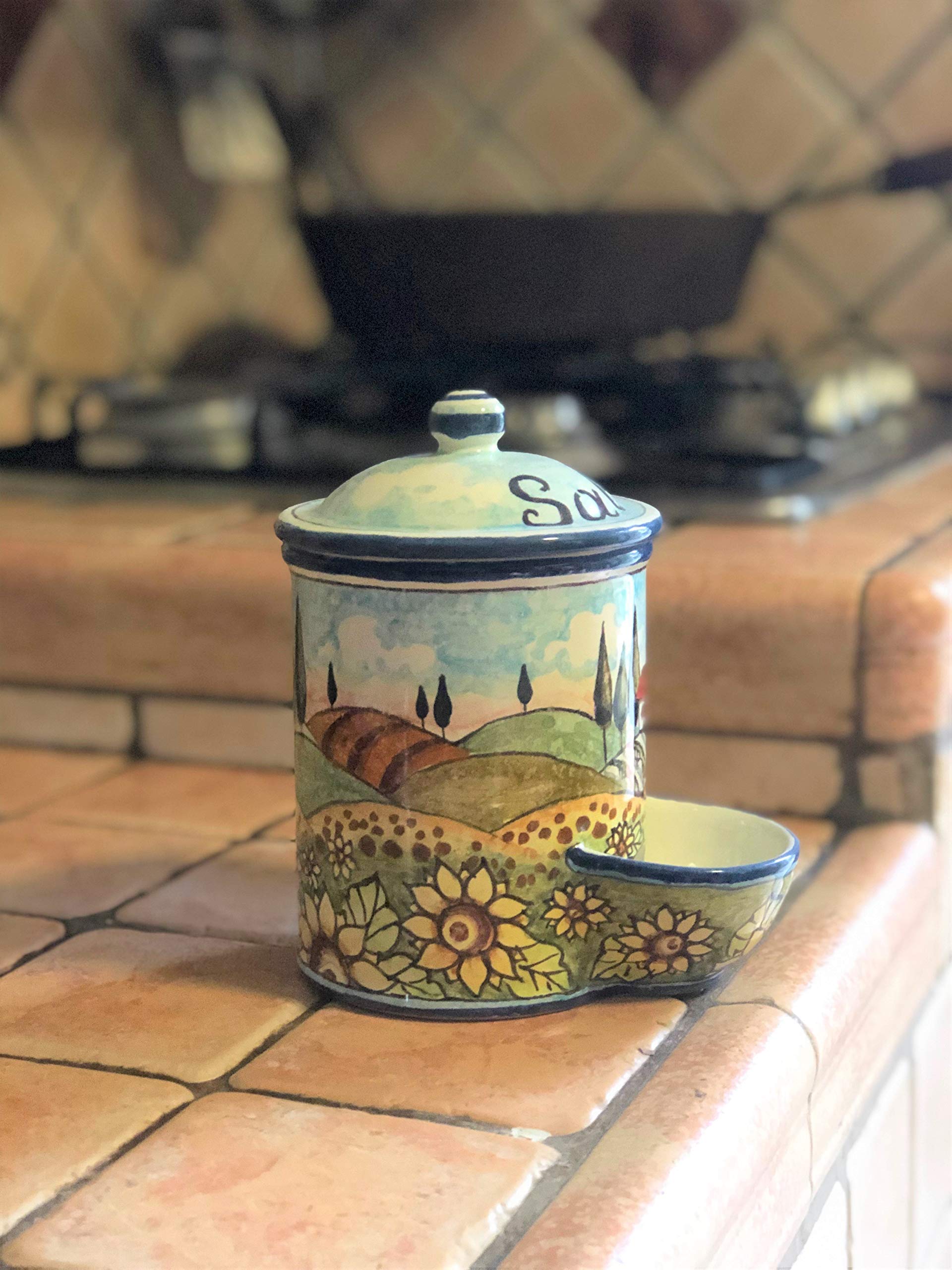 Hand-Painted Italian Ceramic Sunflower Jar - Tuscan Art Pottery for Salt, Spices & Home Decor - Perfect for Kitchen, Dining Table & Countryside Themed Decor