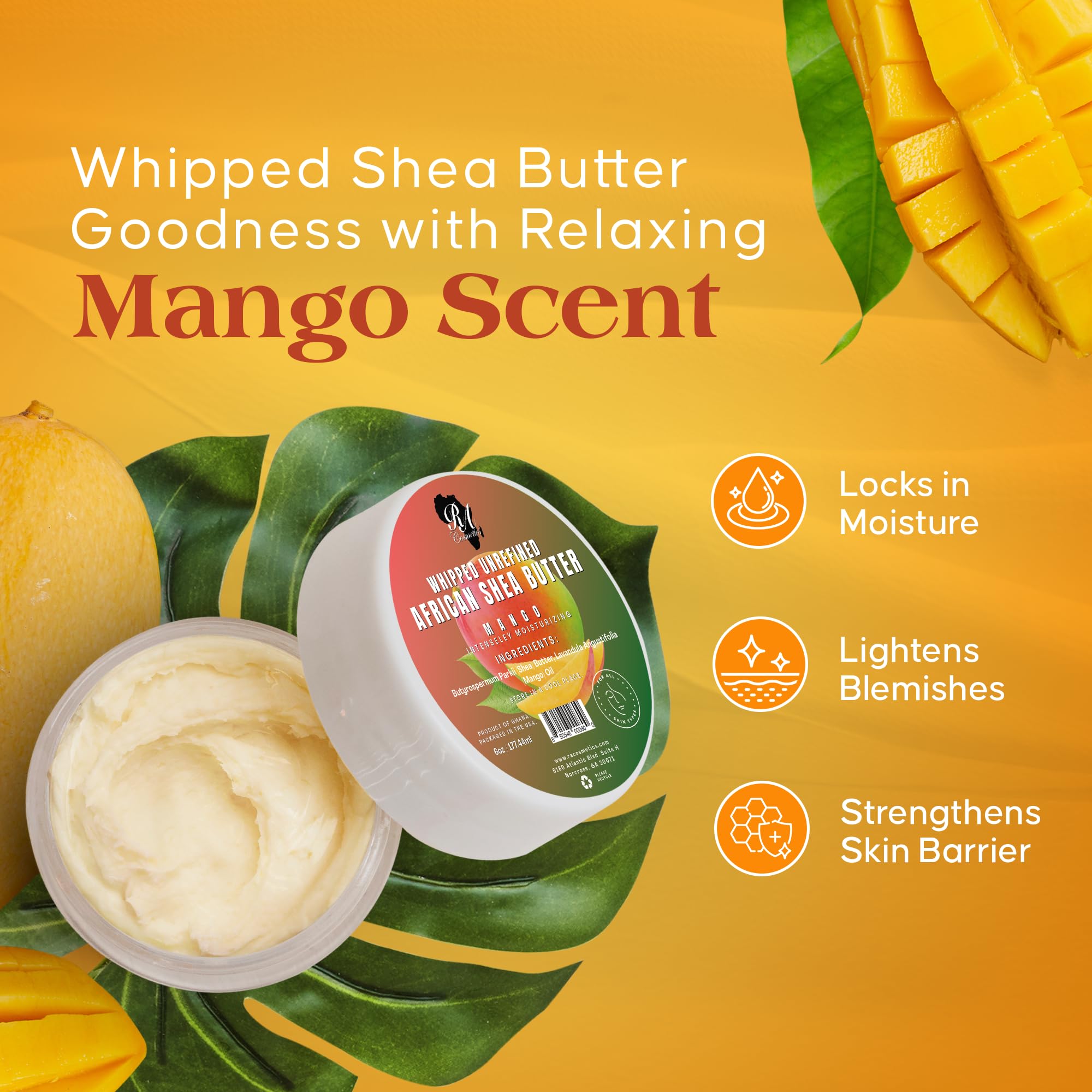 RA COSMETICS Whipped Shea Butter Mango - 6oz | 100% Pure Natural African Shea Butter for Dry Skin & Hair Care | Handcrafted Moisturizer with Vitamin E | Perfect for Daily Hydration, Massage & Gift Giving