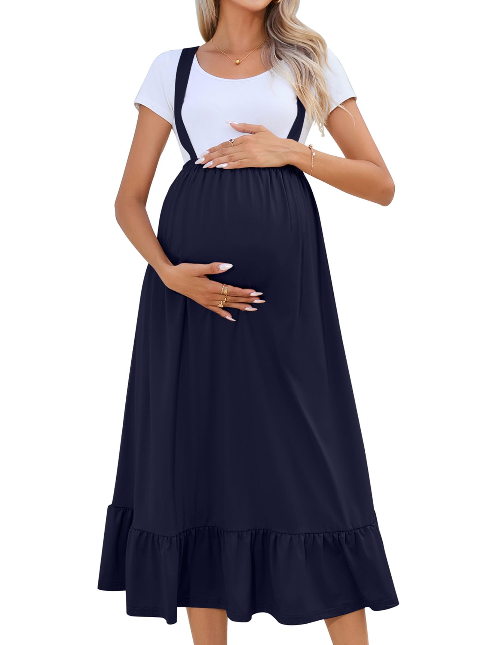 KOJOOIN Women's Maternity Maxi Skirt - High Waisted Flowy Ruffle Suspender Long Skirt for Pregnancy, Casual Fall Dress in Navy Blue | Perfect for Maternity Photos, Baby Showers & Everyday Comfort