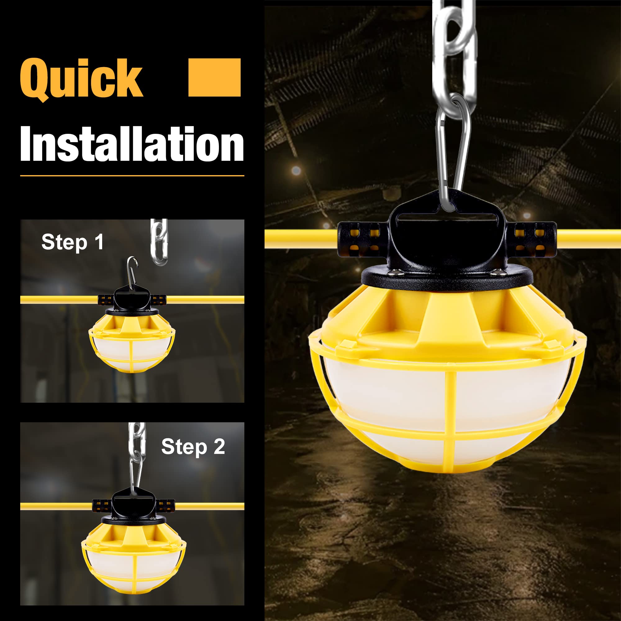 50FT Heavy Duty LED Construction String Lights with Protective Cage - IP65 Waterproof 5000K Daylight Work Lights, 18AWG Wire Linkable Temporary Lighting for Jobsite, Warehouse, Backyard & Outdoor Events (Includes 5 Bulbs & Hooks)
