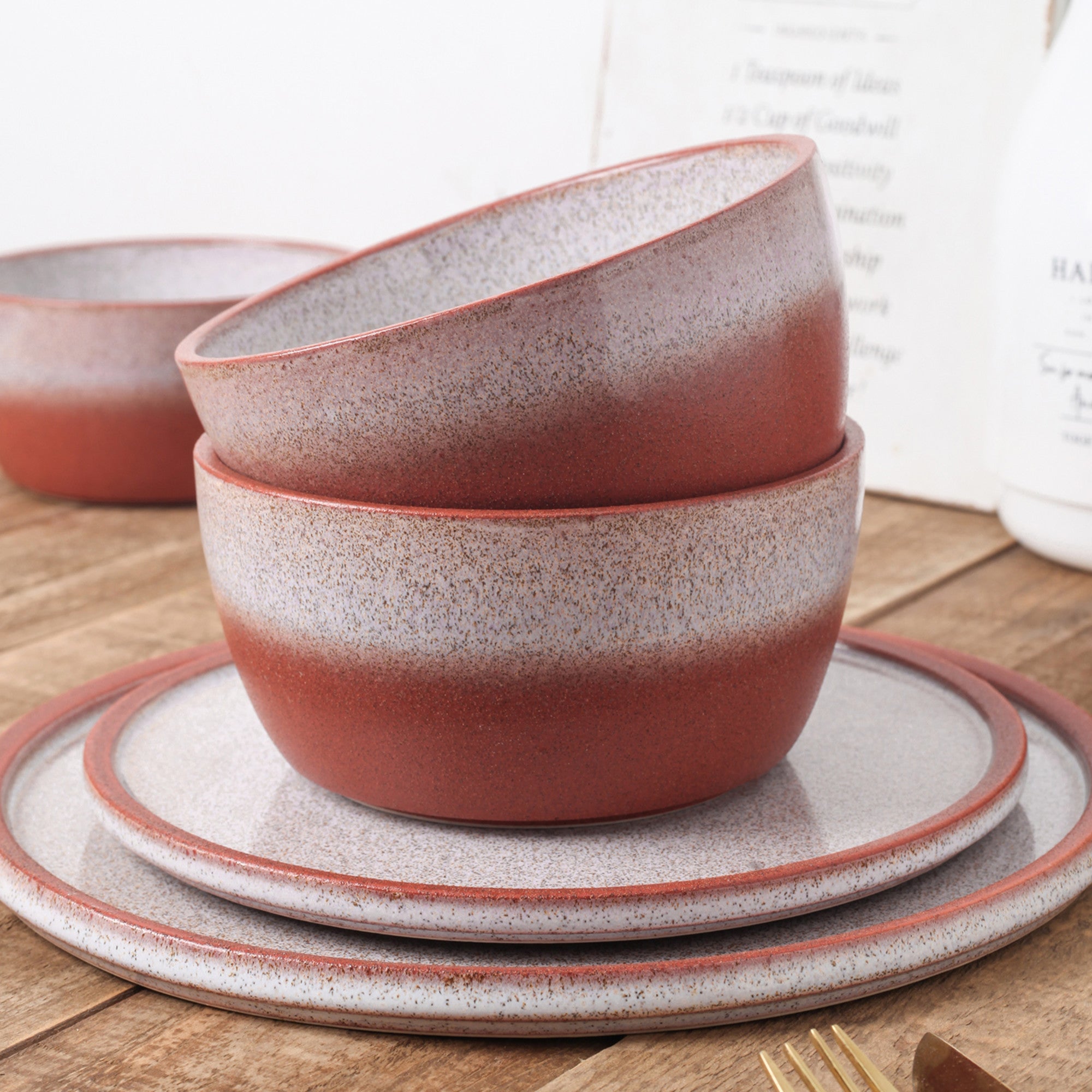 Premium Vince Stoneware Dinnerware Set - Elegant Red Ceramic Plates & Bowls for Everyday Dining & Entertaining