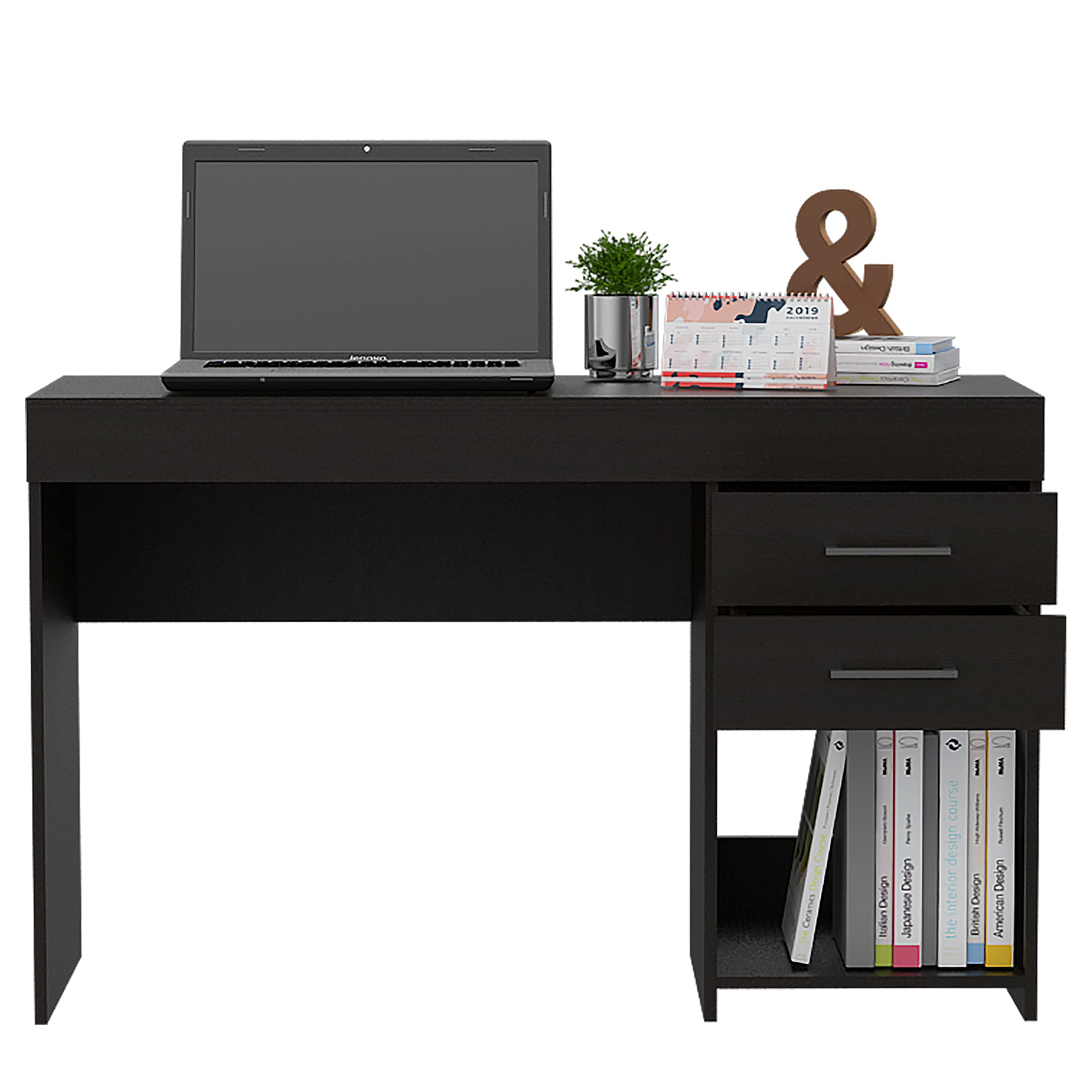 Black Austin Computer Desk with 2 Drawers & Open Shelf - Sturdy Metal Handles, Home Office Desk for Small Spaces, Gaming & Study Workstation