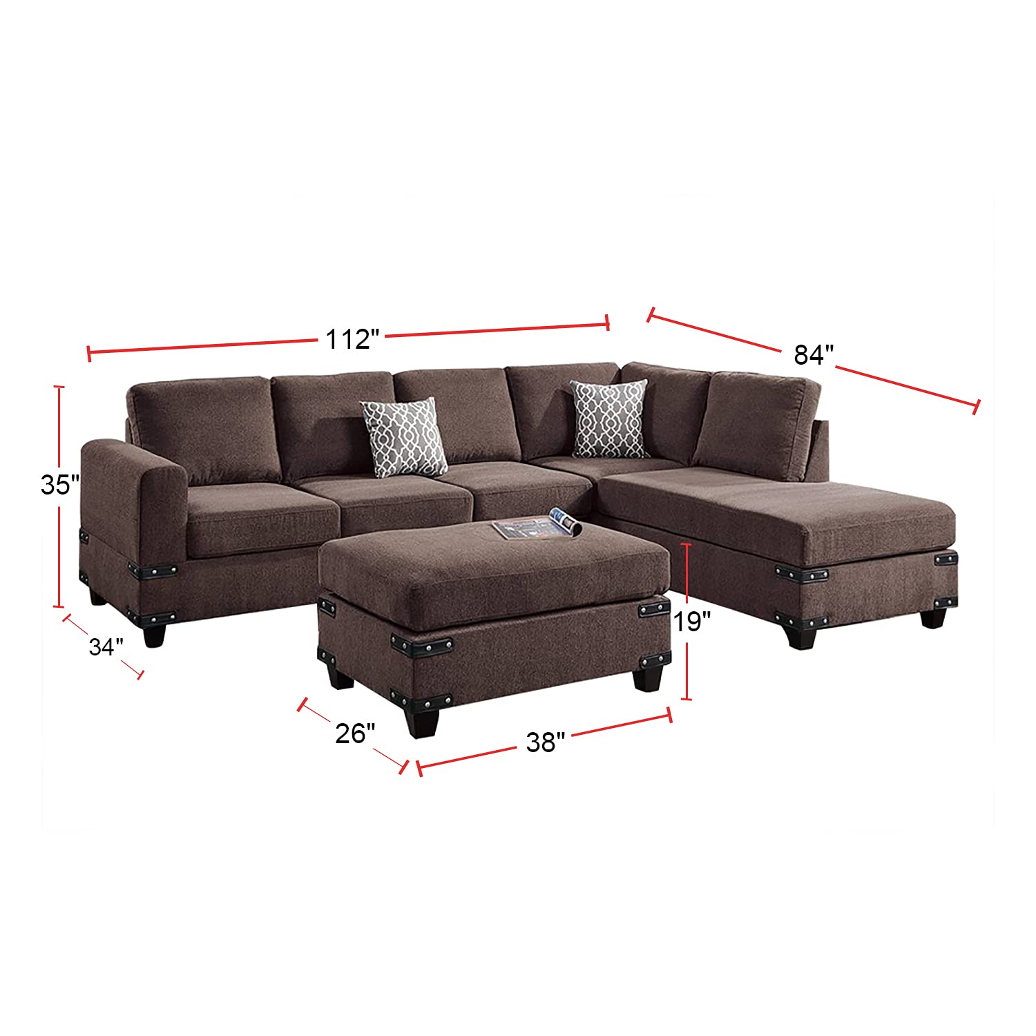 Poundex PDEX-F8806 Chocolate Brown Sectional Sofa - Modern Living Room Furniture for Small Spaces & Apartments