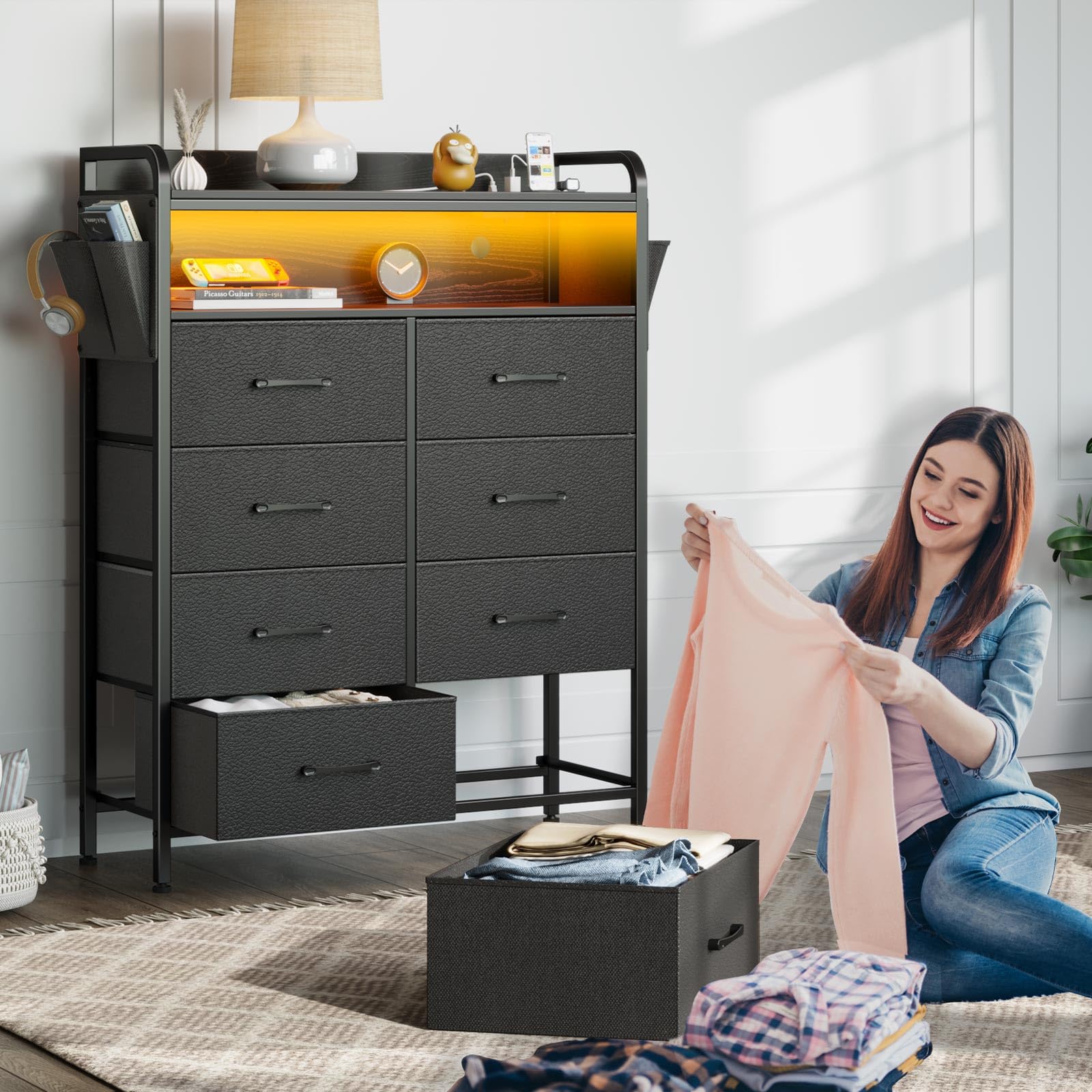 Rolanstar 8-Drawer Dresser with Power Outlets & LED Lights, Fabric Storage Chest with PU Finish, Sturdy Wood Top Frame & Side Pockets - Modern Tall Bedroom Dresser for Clothes Organization & Home Decor (Black)