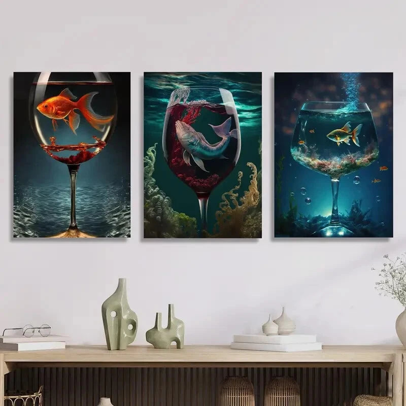 3pcs Aquarium in a Cup - Vibrant Fish Poster Metal Print Artwork Ready to Hang | Perfect for Home Decor, Office Wall Art & Gift Ideas